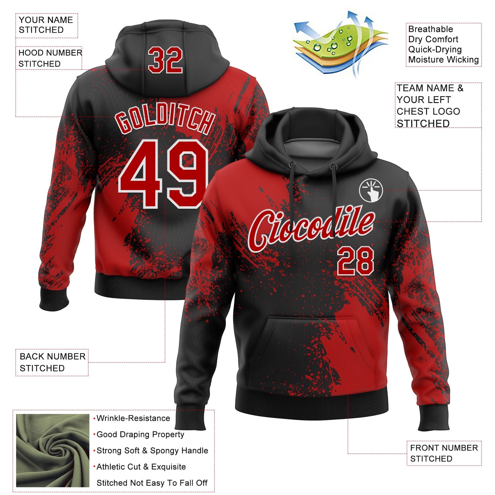 Custom Stitched Black Red-White 3D Pattern Design Abstract Brush Stroke Sports Pullover Sweatshirt Hoodie view 2