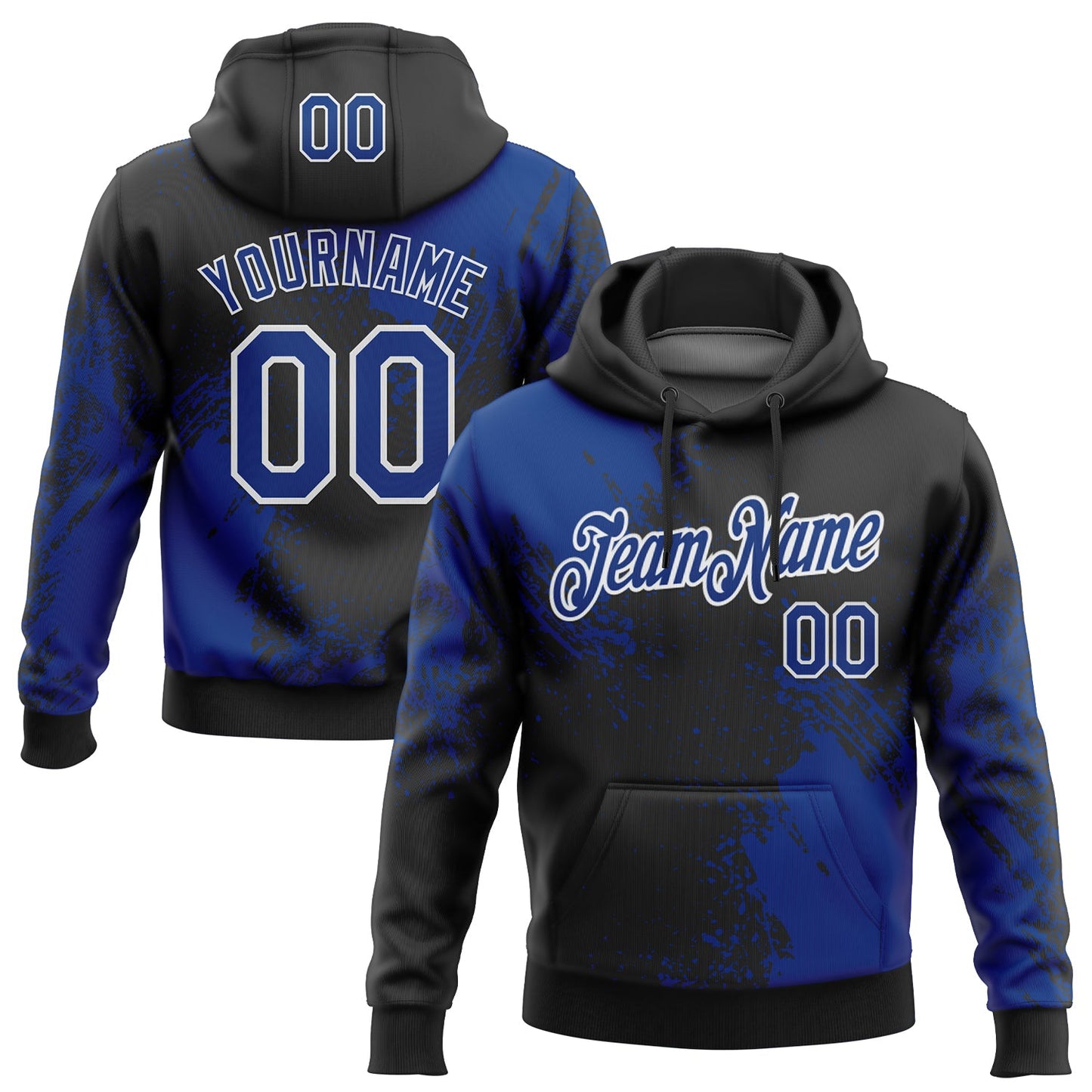 Custom Stitched Black Royal-White 3D Pattern Design Abstract Brush Stroke Sports Pullover Sweatshirt Hoodie - Main View