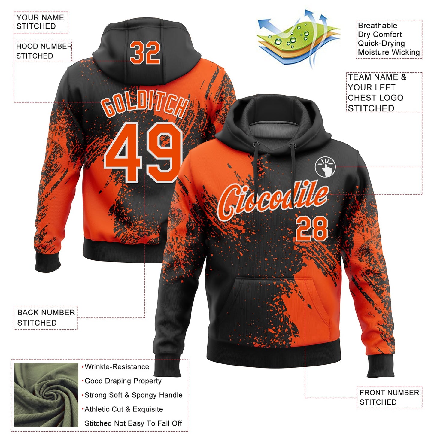 Custom Stitched Black Orange-White 3D Pattern Design Abstract Brush Stroke Sports Pullover Sweatshirt Hoodie view 2