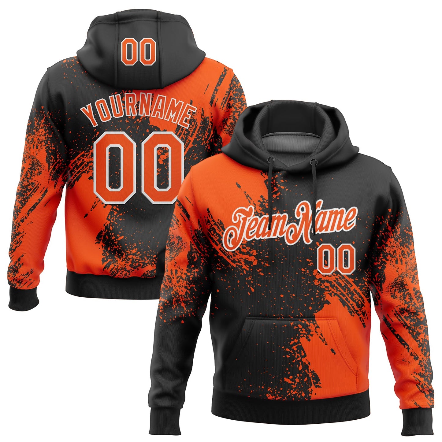 Custom Stitched Black Orange-White 3D Pattern Design Abstract Brush Stroke Sports Pullover Sweatshirt Hoodie - Main View