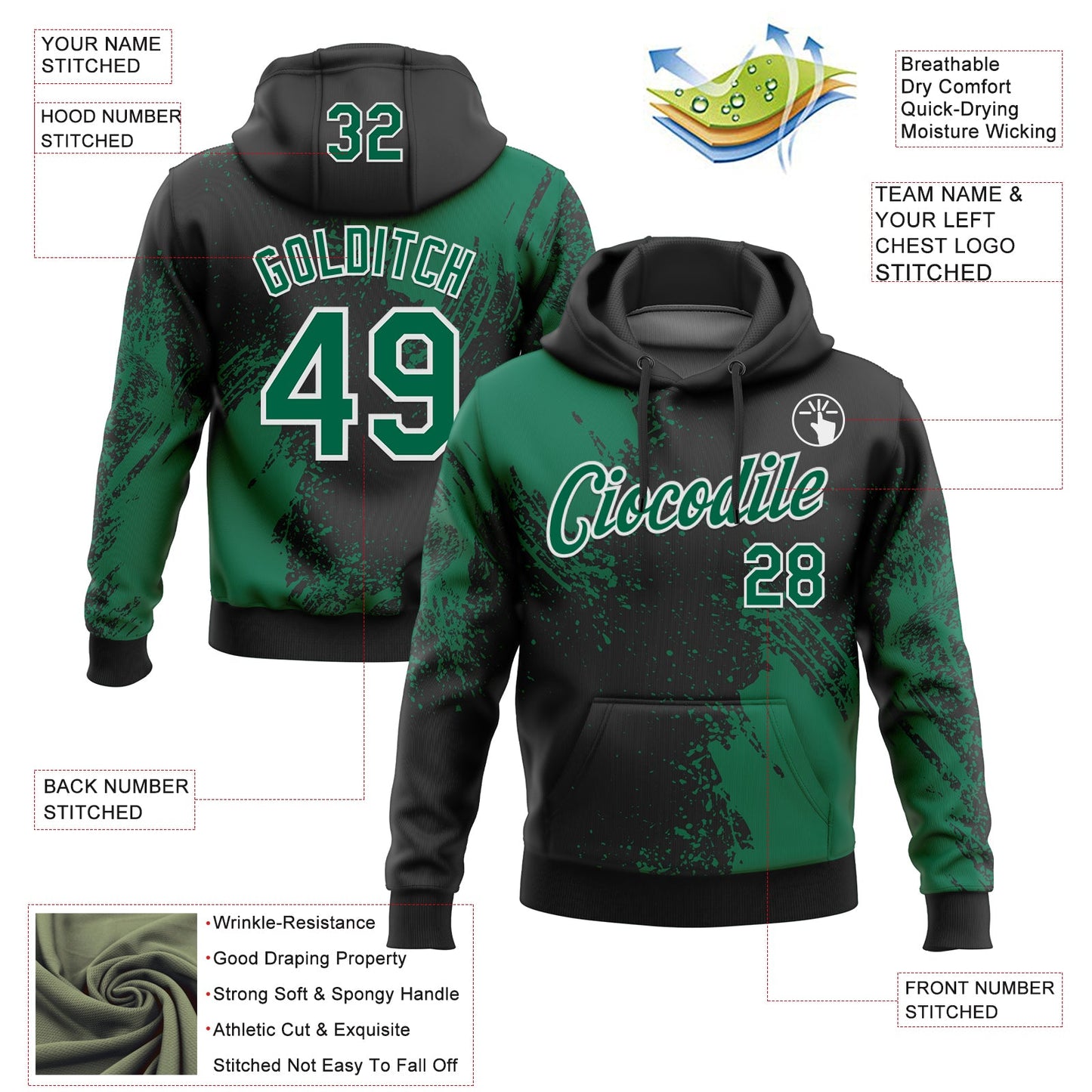 Custom Stitched Black Kelly Green-White 3D Pattern Design Abstract Brush Stroke Sports Pullover Sweatshirt Hoodie view 2