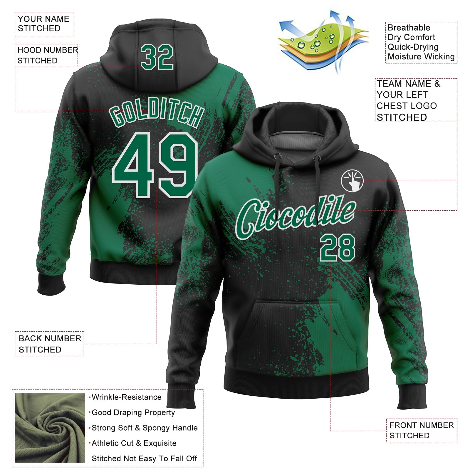 Custom Stitched Black Kelly Green-White 3D Pattern Design Abstract Brush Stroke Sports Pullover Sweatshirt Hoodie view 2