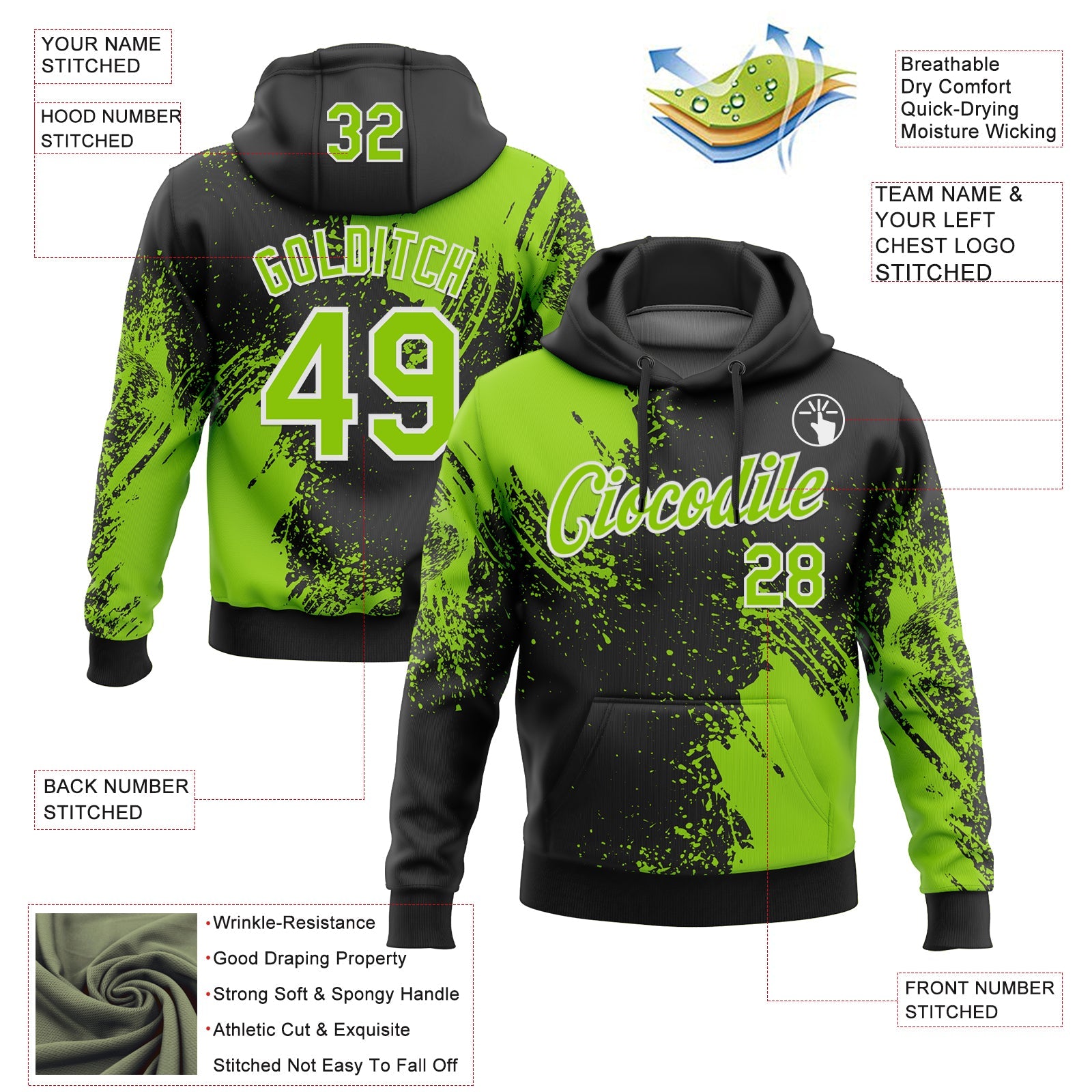Custom Stitched Black Neon Green-White 3D Pattern Design Abstract Brush Stroke Sports Pullover Sweatshirt Hoodie view 2
