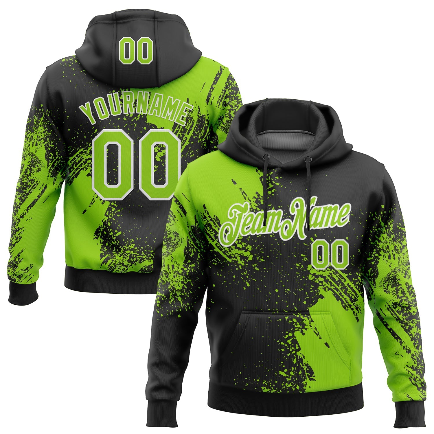 Custom Stitched Black Neon Green-White 3D Pattern Design Abstract Brush Stroke Sports Pullover Sweatshirt Hoodie - Main View