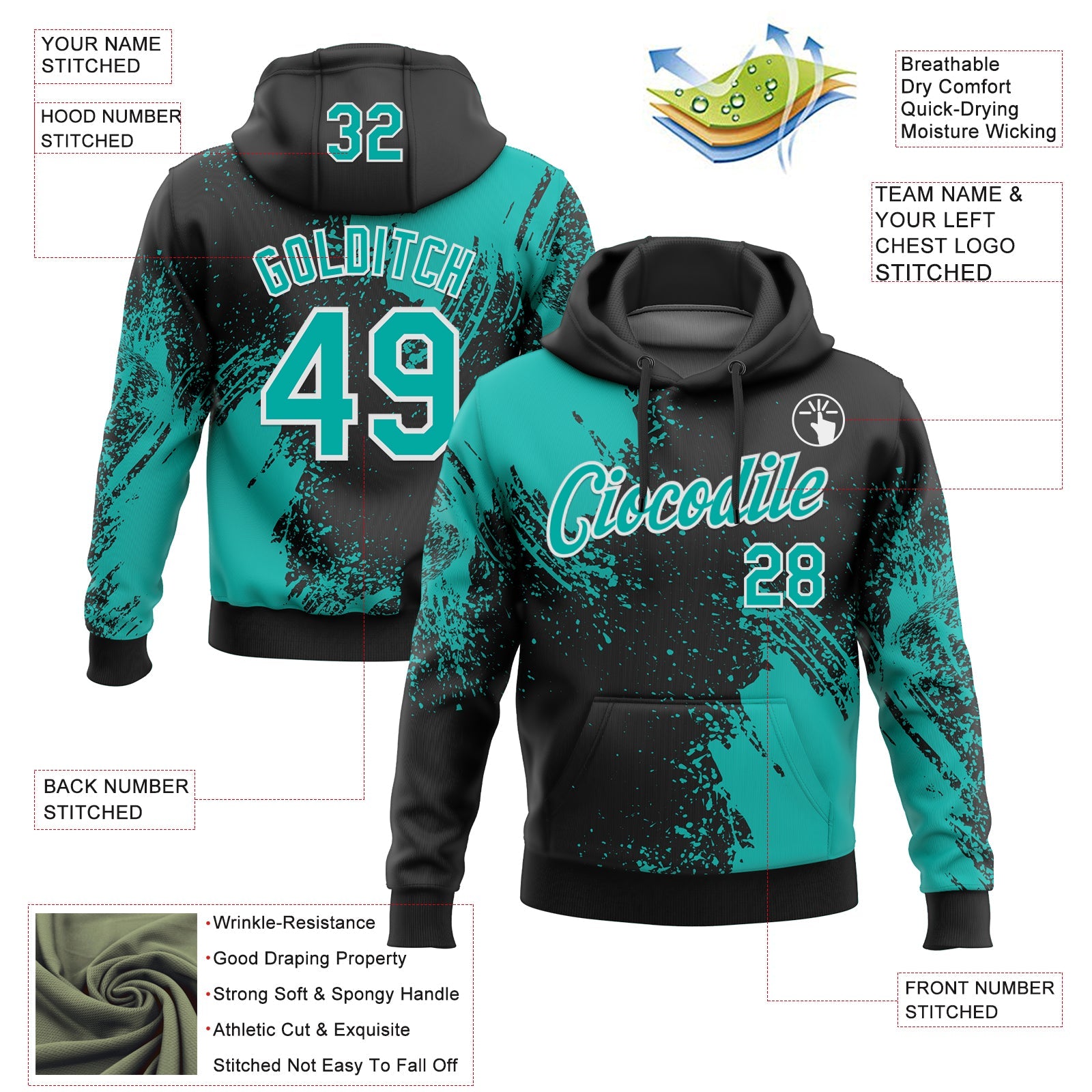 Custom Stitched Black Aqua-White 3D Pattern Design Abstract Brush Stroke Sports Pullover Sweatshirt Hoodie view 2