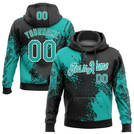 Custom Stitched Black Aqua-White 3D Pattern Design Abstract Brush Stroke Sports Pullover Sweatshirt Hoodie - Main View