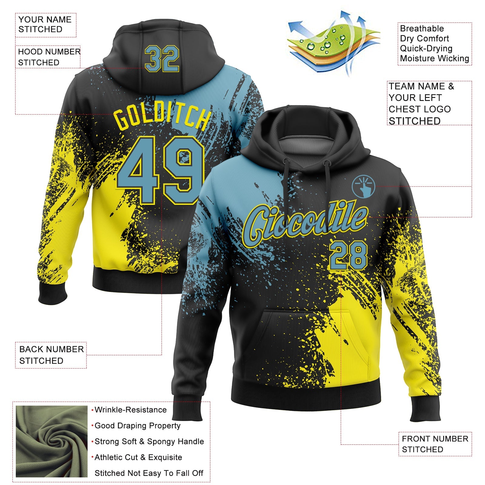 Custom Stitched Black Shadow Blue-Light Yellow 3D Pattern Design Abstract Brush Stroke Sports Pullover Sweatshirt Hoodie view 2