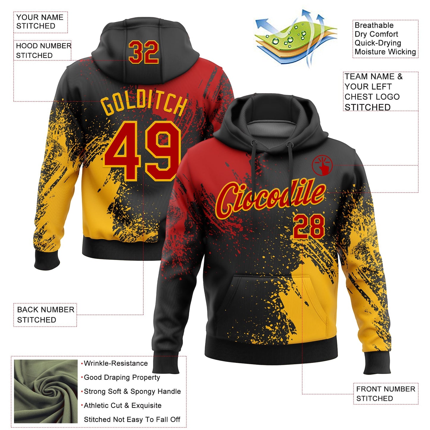 Custom Stitched Black Red-Gold 3D Pattern Design Abstract Brush Stroke Sports Pullover Sweatshirt Hoodie view 2