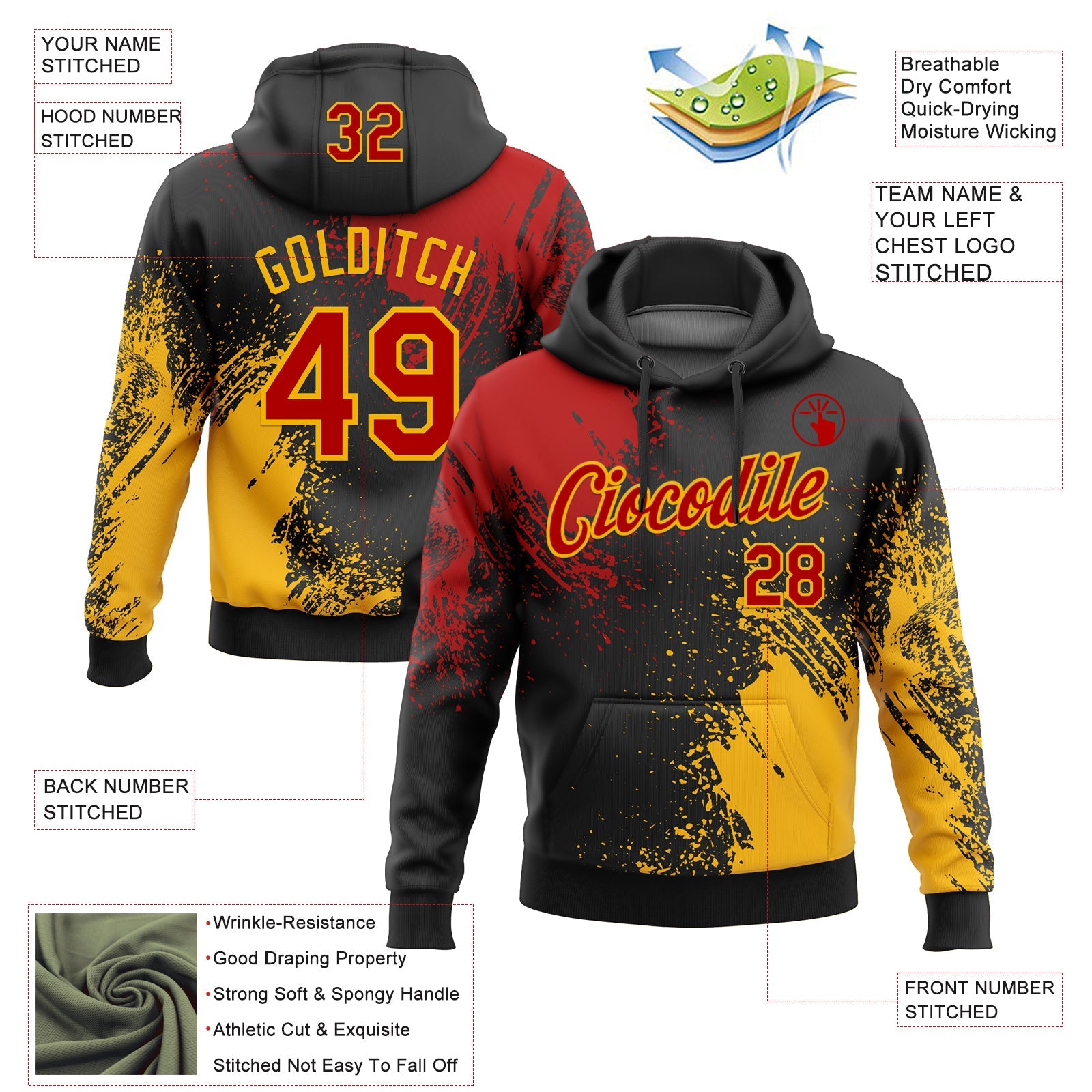 Custom Stitched Black Red-Gold 3D Pattern Design Abstract Brush Stroke Sports Pullover Sweatshirt Hoodie view 2