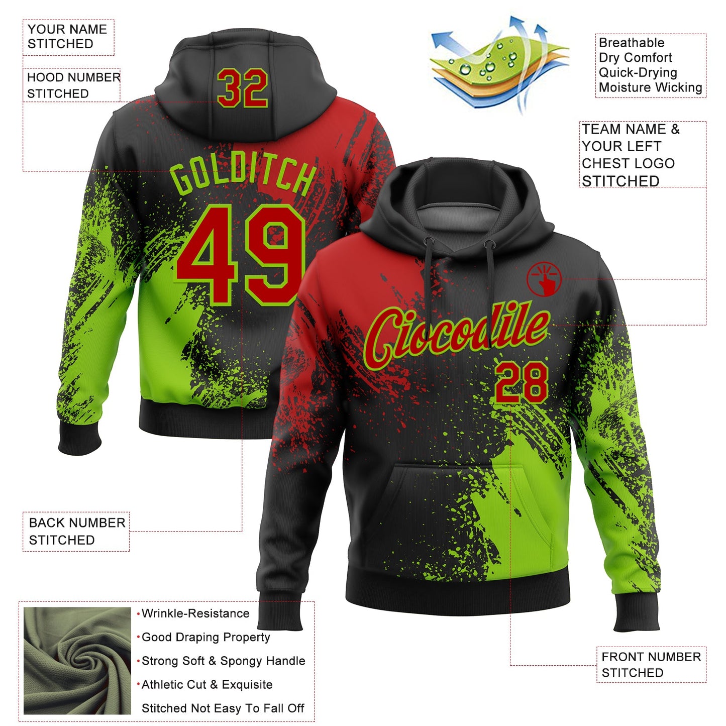 Custom Stitched Black Red-Neon Green 3D Pattern Design Abstract Brush Stroke Sports Pullover Sweatshirt Hoodie view 2