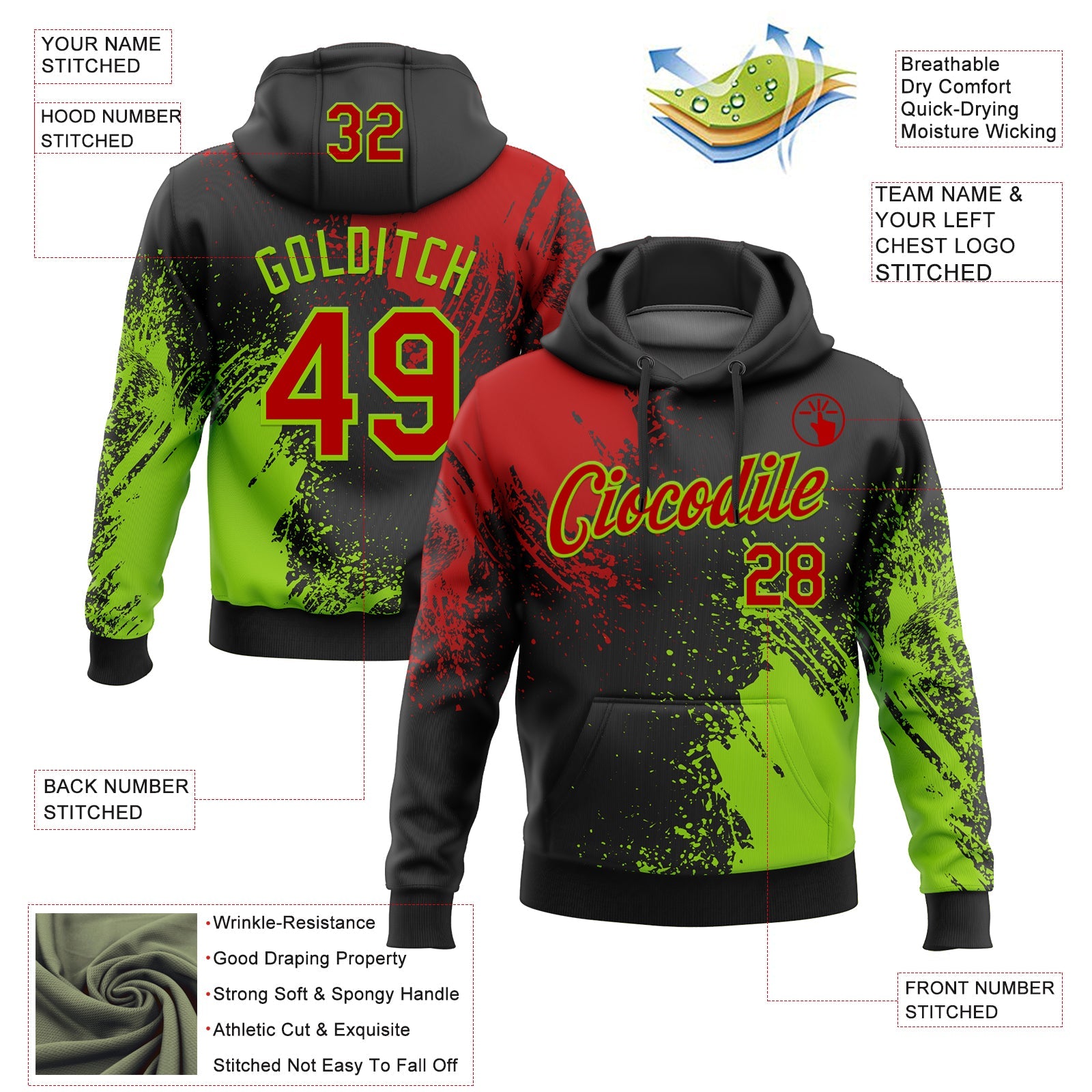 Custom Stitched Black Red-Neon Green 3D Pattern Design Abstract Brush Stroke Sports Pullover Sweatshirt Hoodie view 2