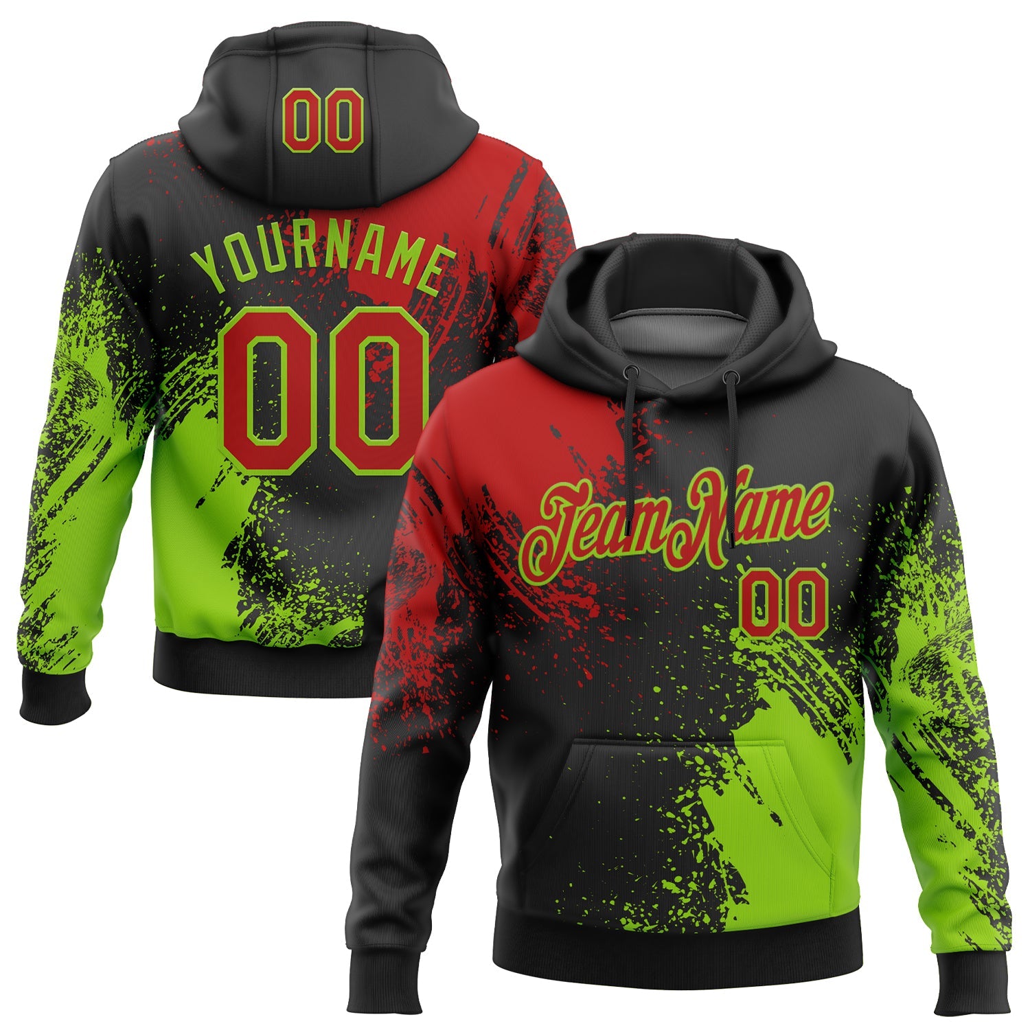 Custom Stitched Black Red-Neon Green 3D Pattern Design Abstract Brush Stroke Sports Pullover Sweatshirt Hoodie - Main View