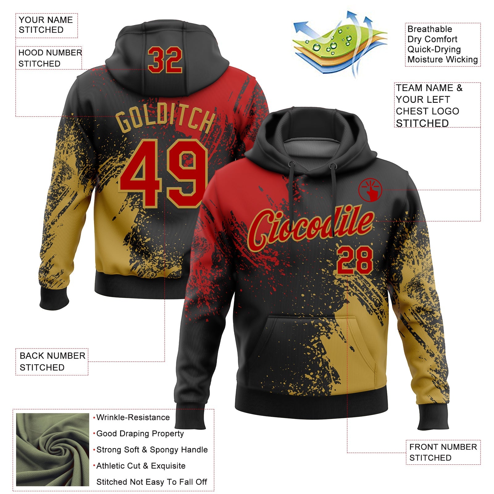 Custom Stitched Black Red-Old Gold 3D Pattern Design Abstract Brush Stroke Sports Pullover Sweatshirt Hoodie view 2