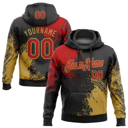 Custom Stitched Black Red-Old Gold 3D Pattern Design Abstract Brush Stroke Sports Pullover Sweatshirt Hoodie - Main View