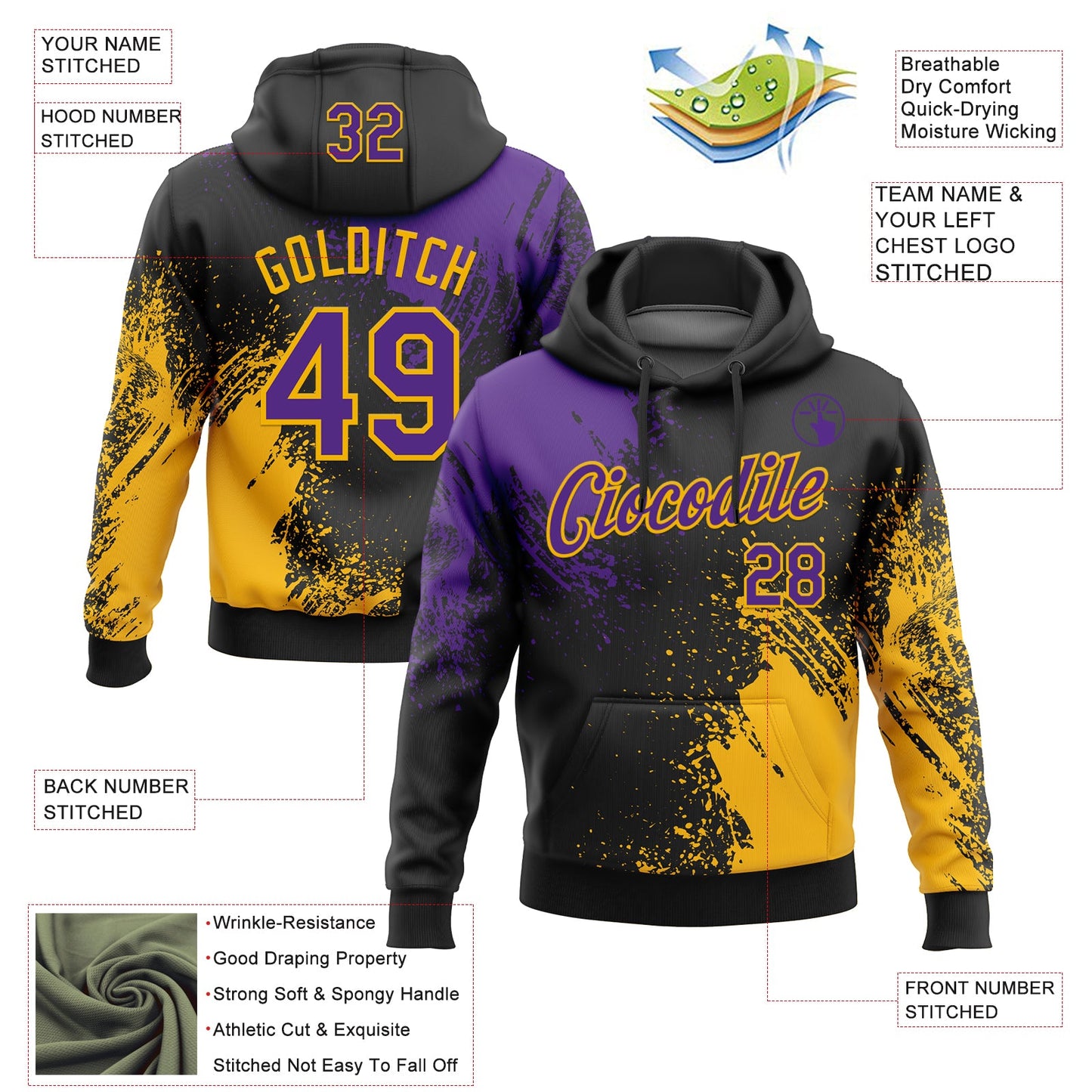 Custom Stitched Black Purple-Gold 3D Pattern Design Abstract Brush Stroke Sports Pullover Sweatshirt Hoodie view 2