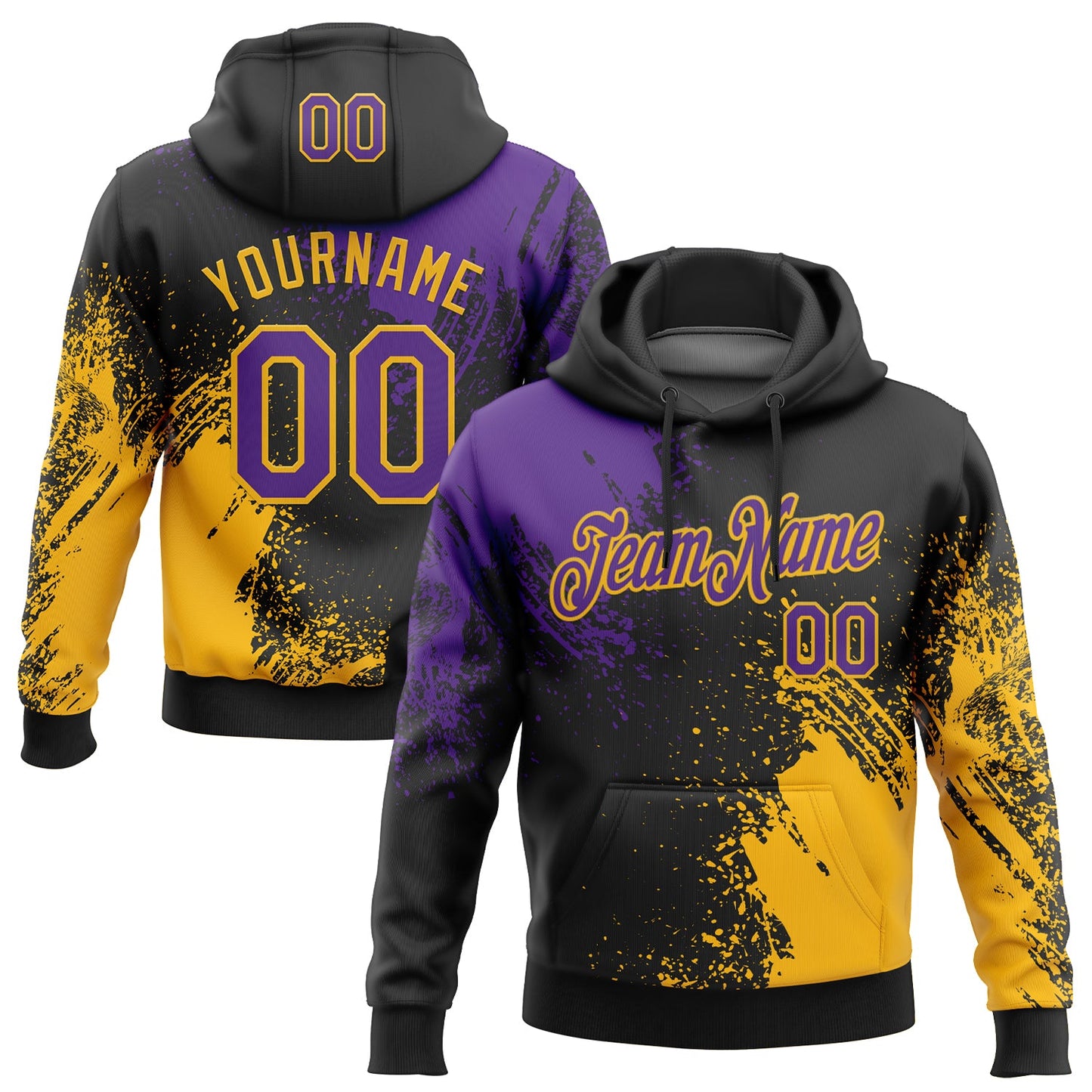 Custom Stitched Black Purple-Gold 3D Pattern Design Abstract Brush Stroke Sports Pullover Sweatshirt Hoodie - Main View