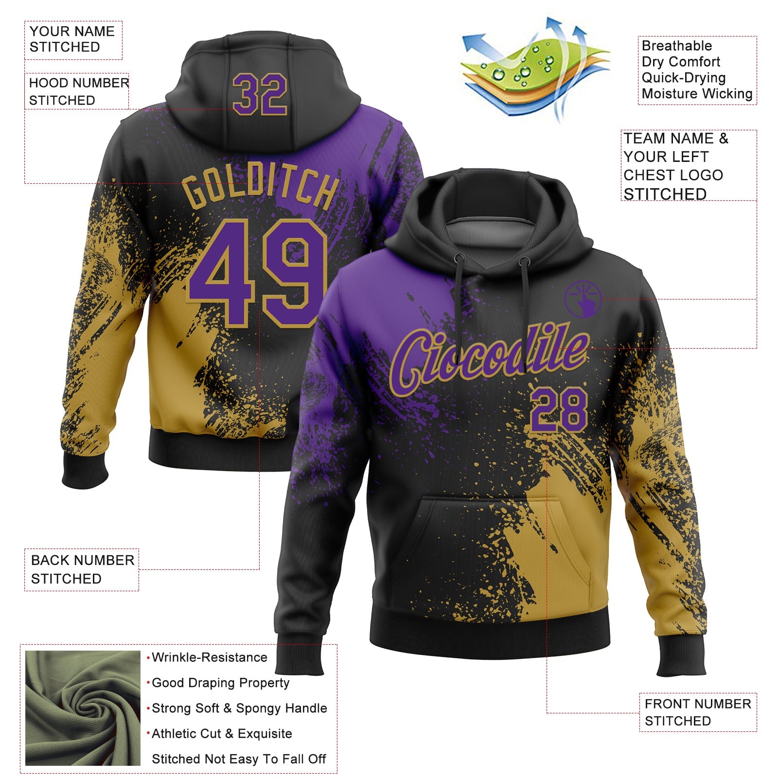 Custom Stitched Black Purple-Old Gold 3D Pattern Design Abstract Brush Stroke Sports Pullover Sweatshirt Hoodie view 2