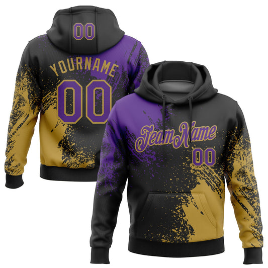 Custom Stitched Black Purple-Old Gold 3D Pattern Design Abstract Brush Stroke Sports Pullover Sweatshirt Hoodie - Main View