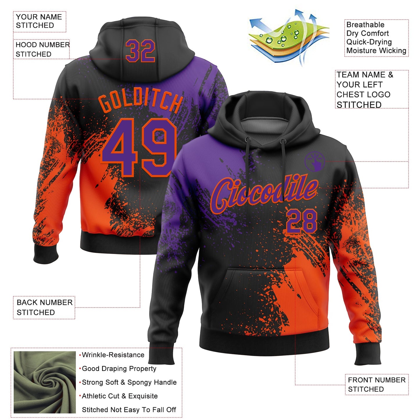 Custom Stitched Black Purple-Orange 3D Pattern Design Abstract Brush Stroke Sports Pullover Sweatshirt Hoodie view 2