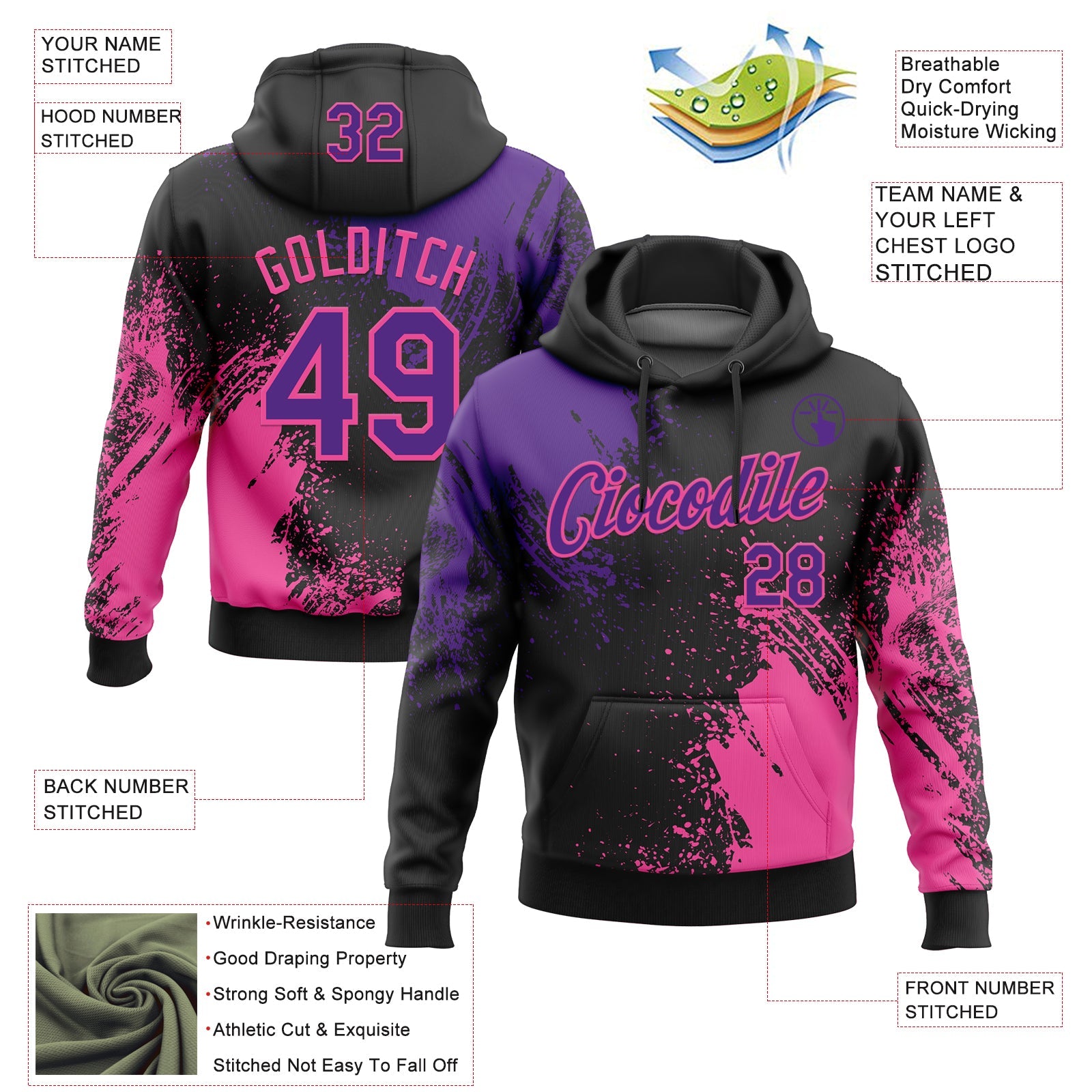Custom Stitched Black Purple-Pink 3D Pattern Design Abstract Brush Stroke Sports Pullover Sweatshirt Hoodie view 2
