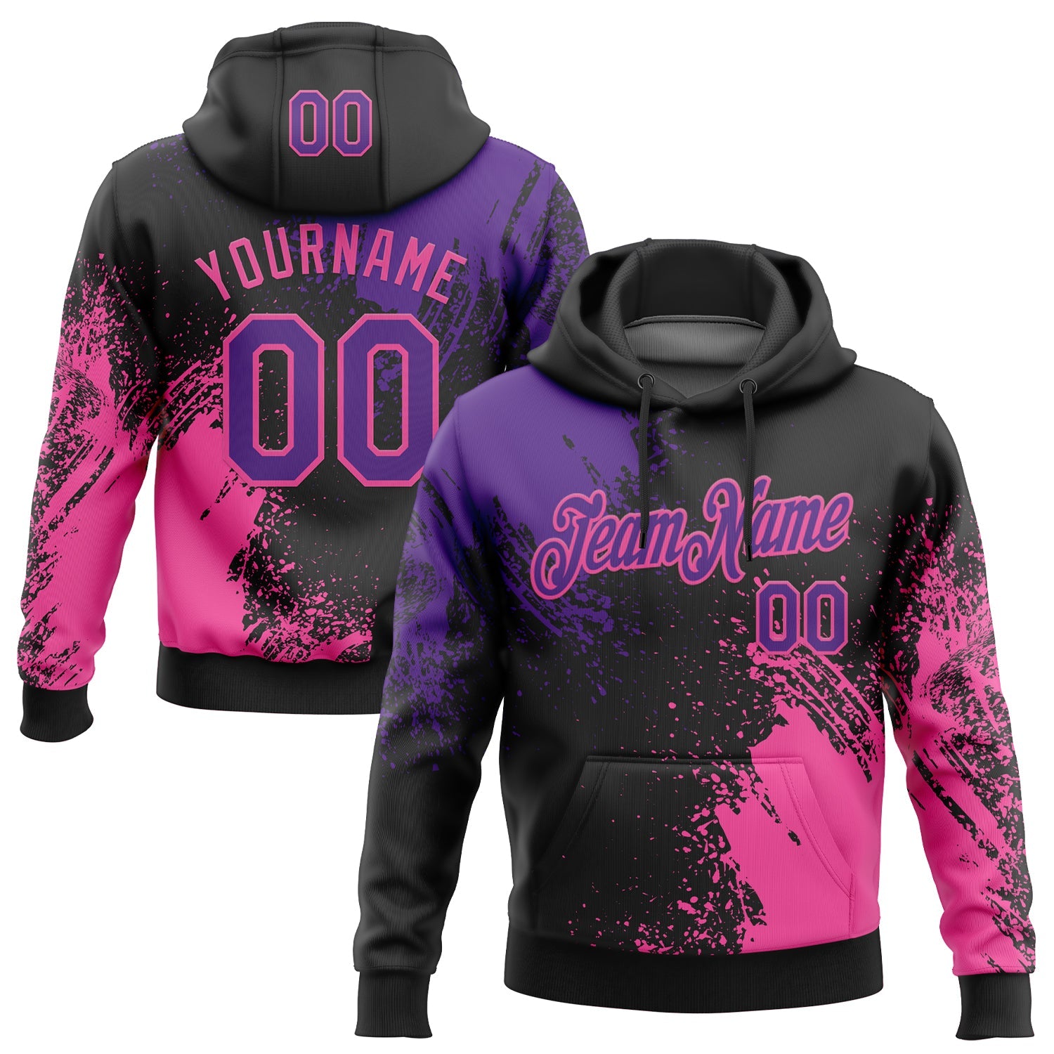 Custom Stitched Black Purple-Pink 3D Pattern Design Abstract Brush Stroke Sports Pullover Sweatshirt Hoodie - Main View