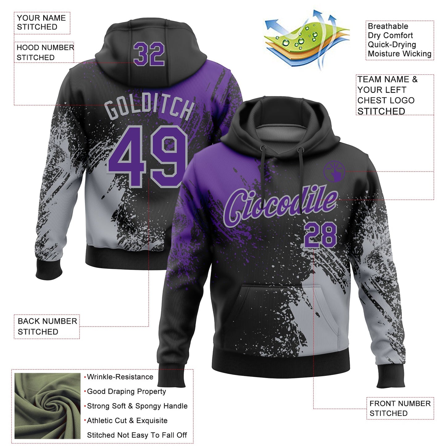 Custom Stitched Black Purple-Gray 3D Pattern Design Abstract Brush Stroke Sports Pullover Sweatshirt Hoodie view 2