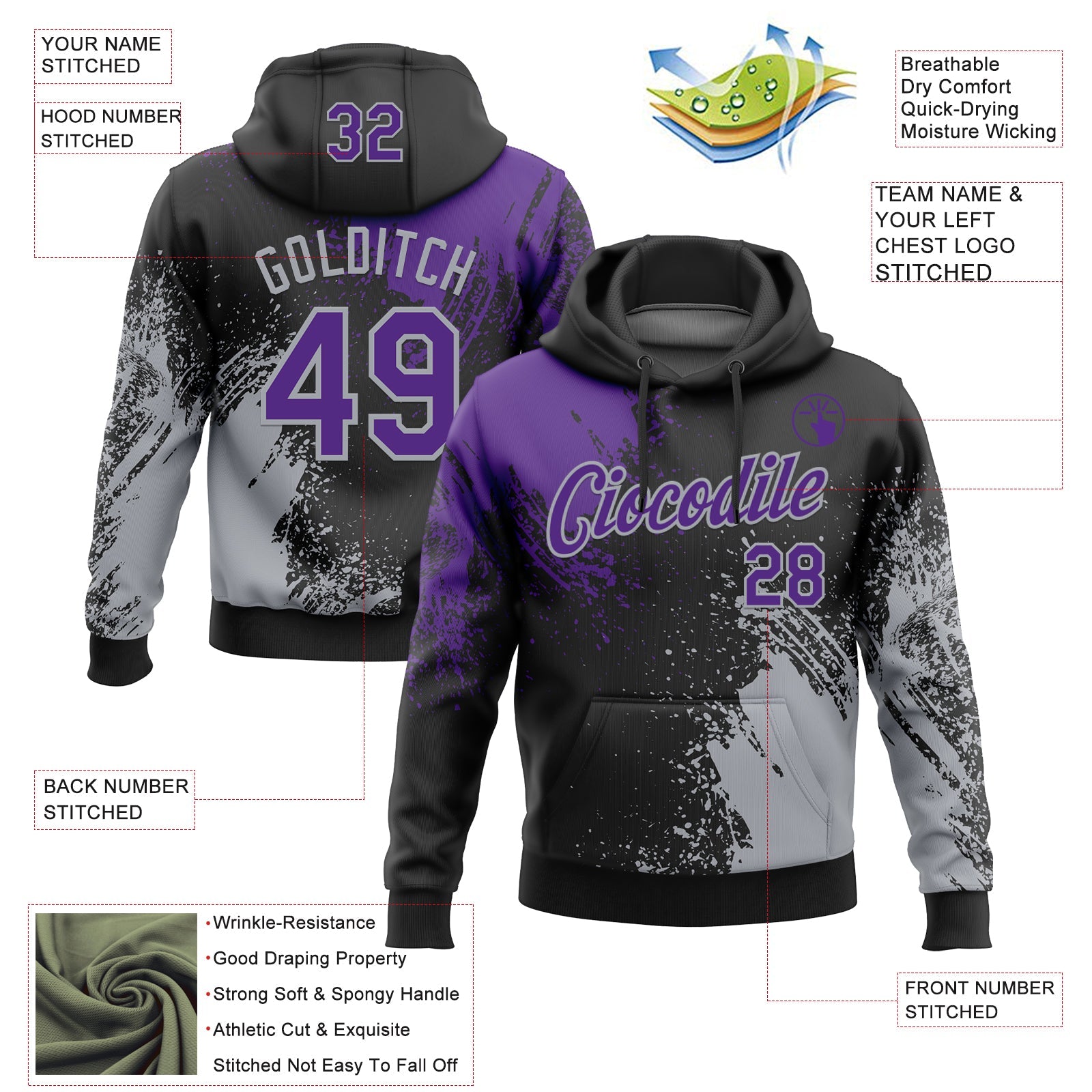 Custom Stitched Black Purple-Gray 3D Pattern Design Abstract Brush Stroke Sports Pullover Sweatshirt Hoodie view 2