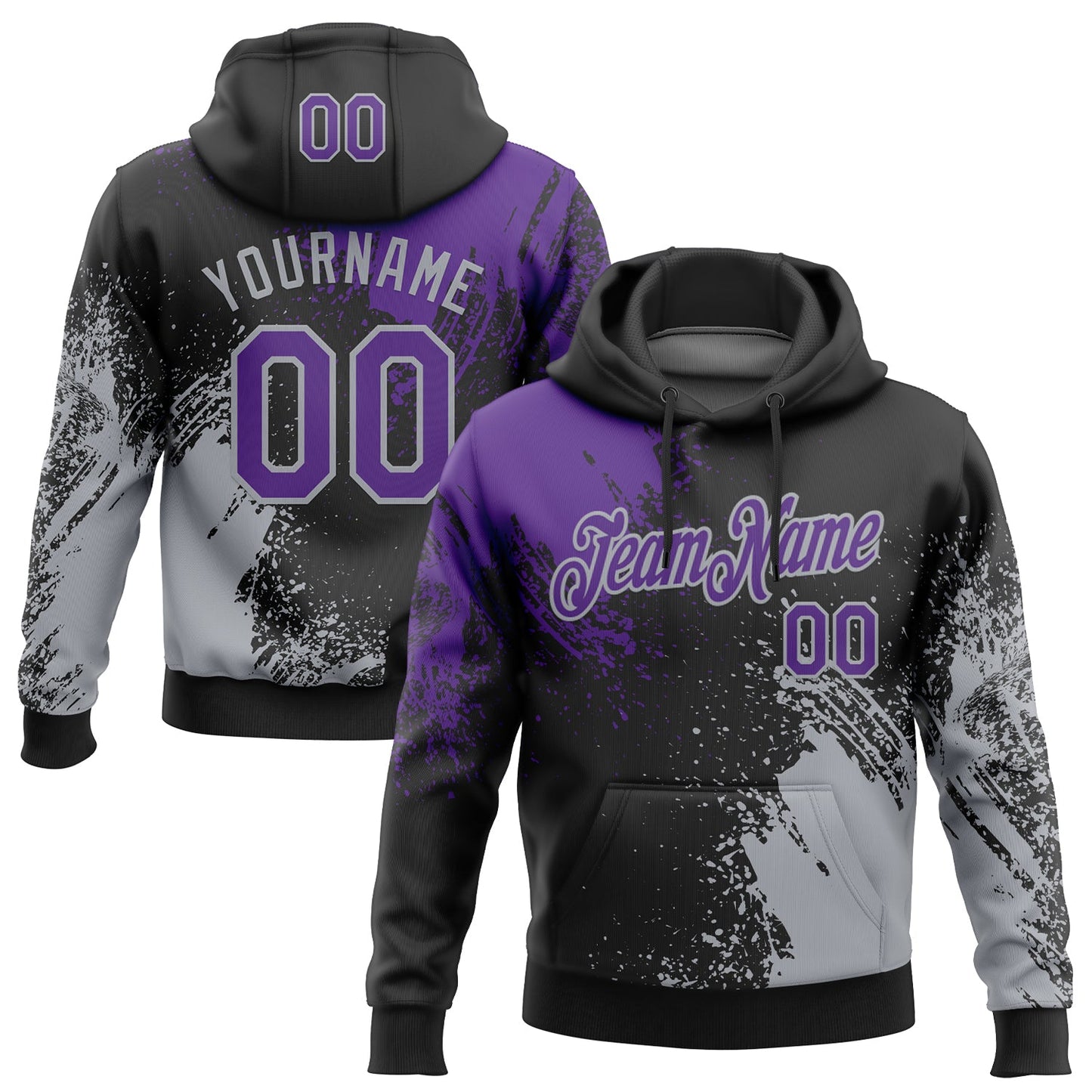 Custom Stitched Black Purple-Gray 3D Pattern Design Abstract Brush Stroke Sports Pullover Sweatshirt Hoodie - Main View
