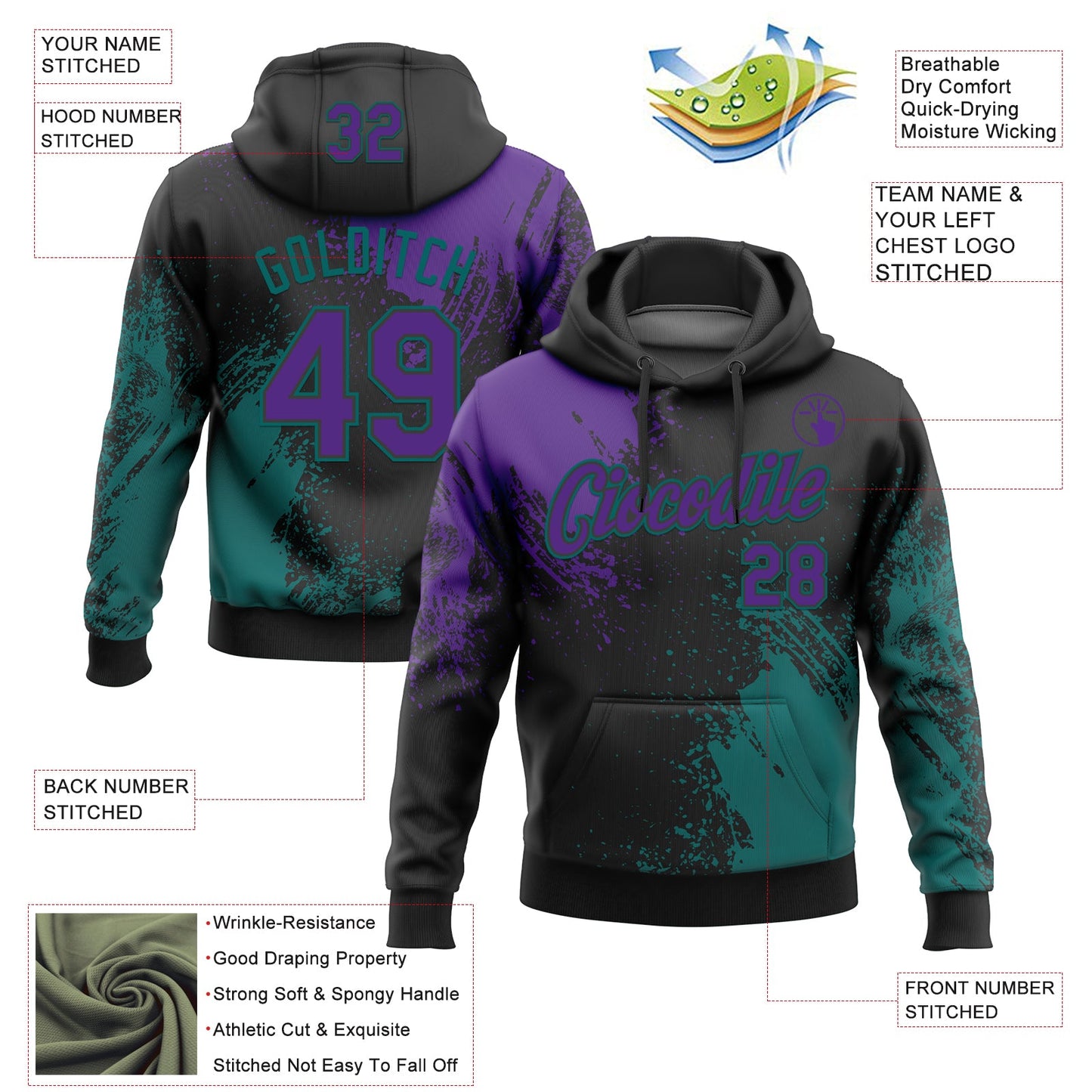 Custom Stitched Black Purple-Teal 3D Pattern Design Abstract Brush Stroke Sports Pullover Sweatshirt Hoodie view 2