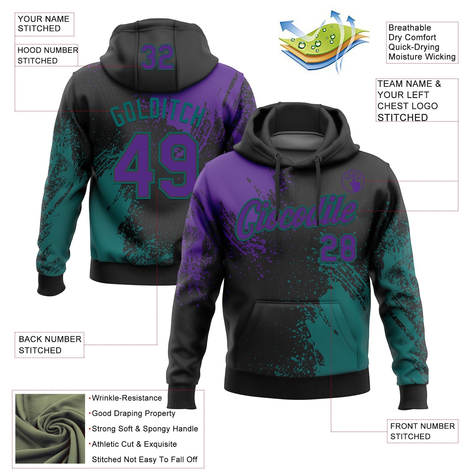 Custom Stitched Black Purple-Teal 3D Pattern Design Abstract Brush Stroke Sports Pullover Sweatshirt Hoodie view 2