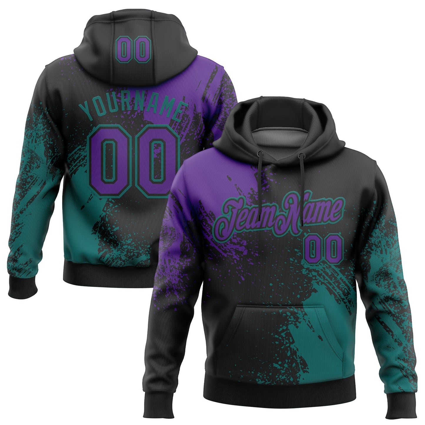 Custom Stitched Black Purple-Teal 3D Pattern Design Abstract Brush Stroke Sports Pullover Sweatshirt Hoodie - Main View