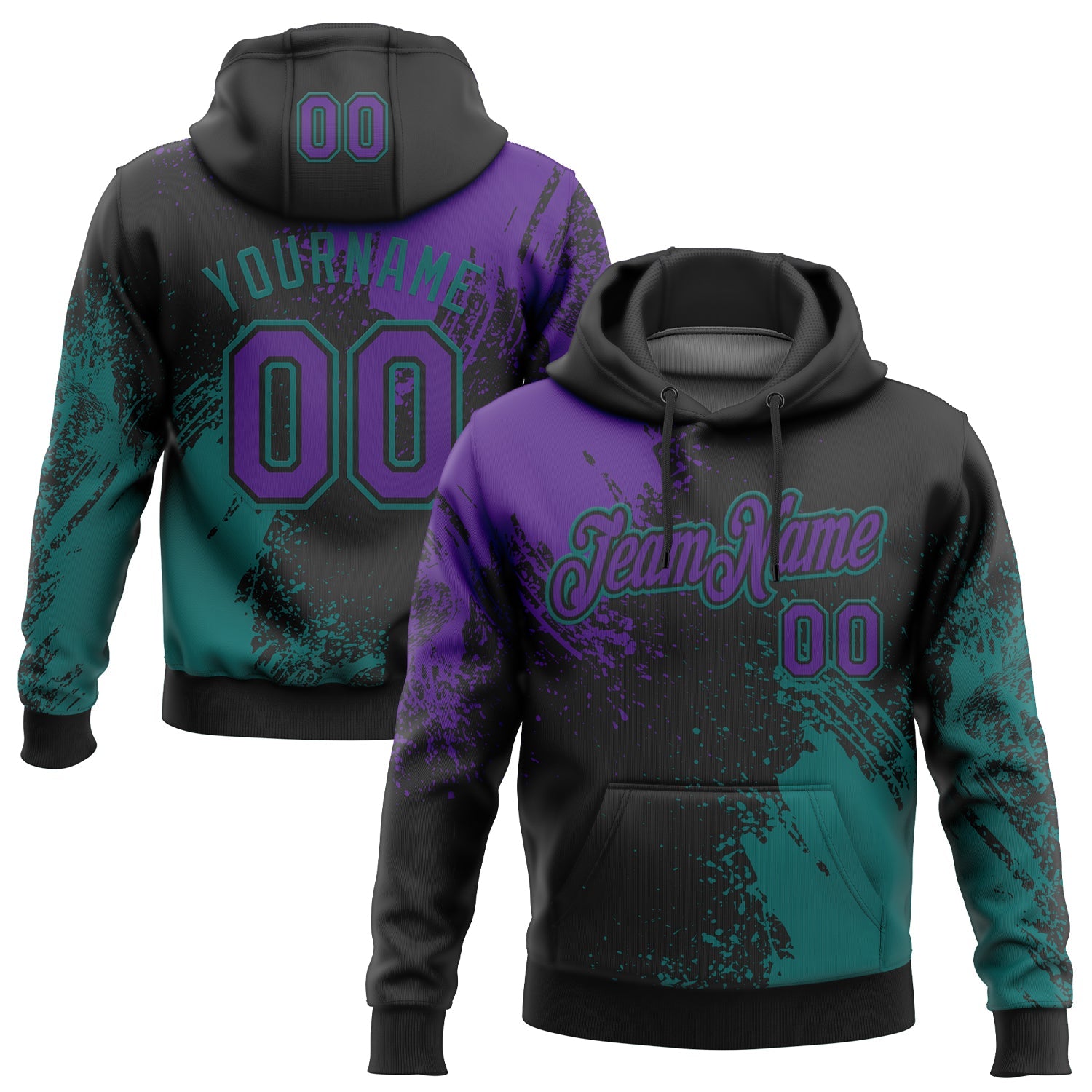 Custom Stitched Black Purple-Teal 3D Pattern Design Abstract Brush Stroke Sports Pullover Sweatshirt Hoodie - Main View
