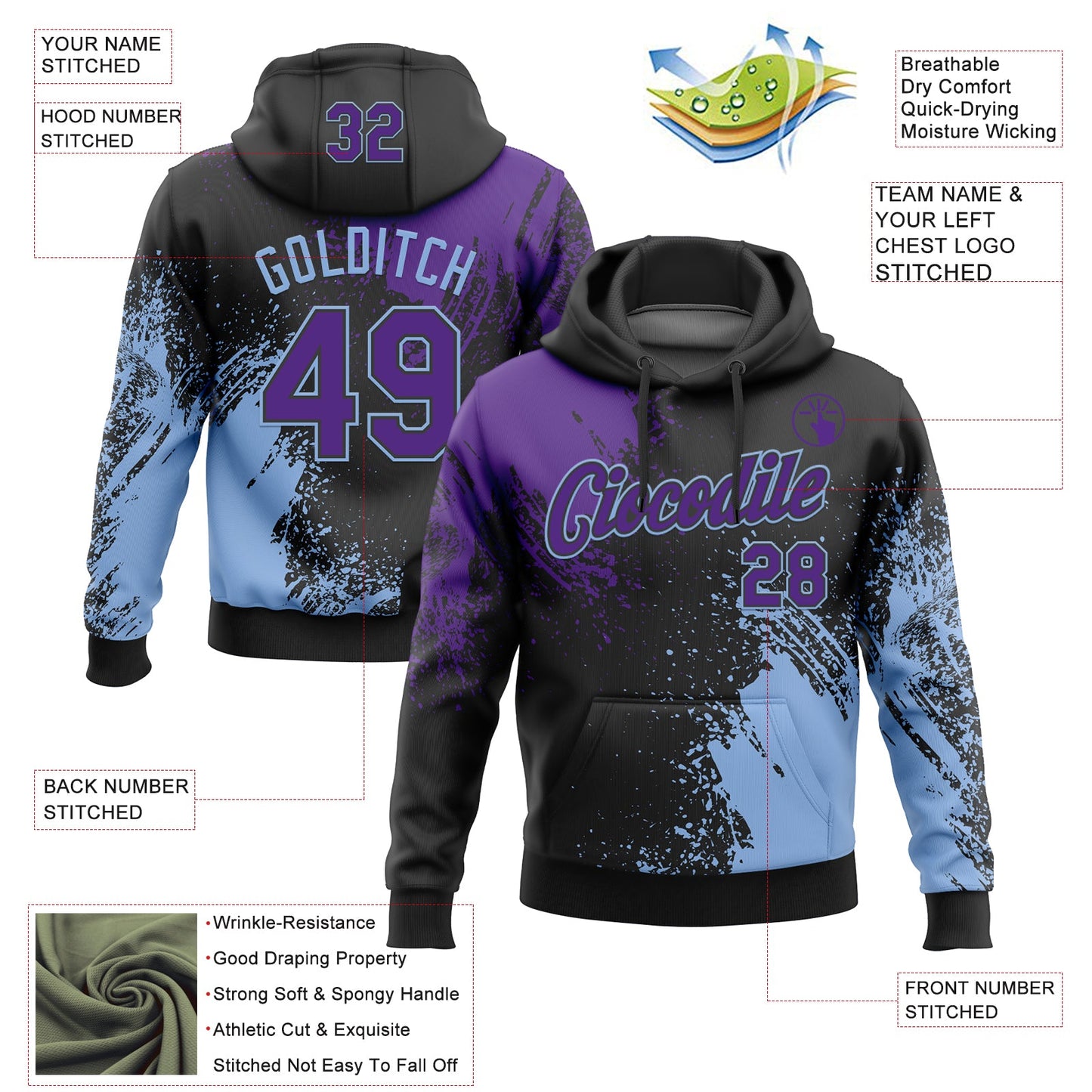 Custom Stitched Black Purple-Light Blue 3D Pattern Design Abstract Brush Stroke Sports Pullover Sweatshirt Hoodie view 2