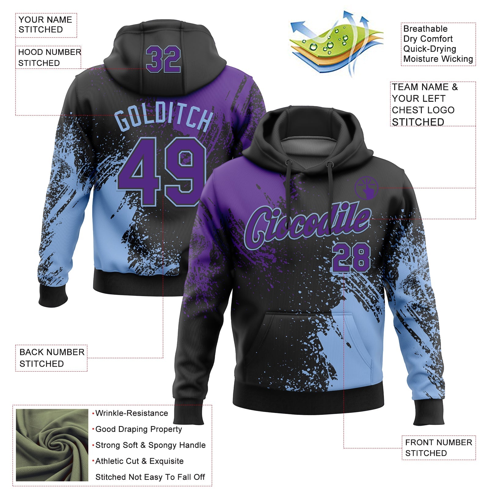 Custom Stitched Black Purple-Light Blue 3D Pattern Design Abstract Brush Stroke Sports Pullover Sweatshirt Hoodie view 2