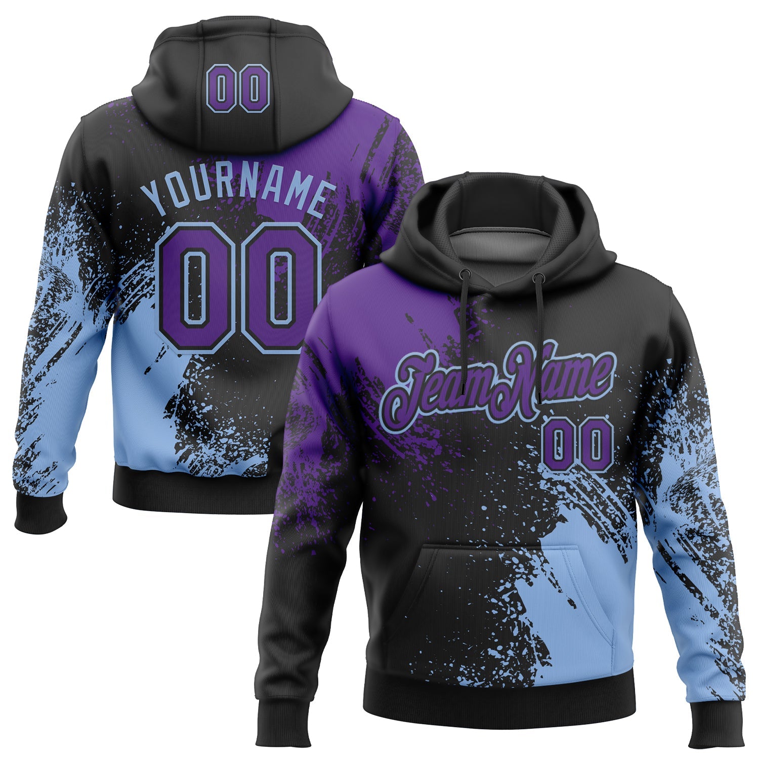 Custom Stitched Black Purple-Light Blue 3D Pattern Design Abstract Brush Stroke Sports Pullover Sweatshirt Hoodie - Main View