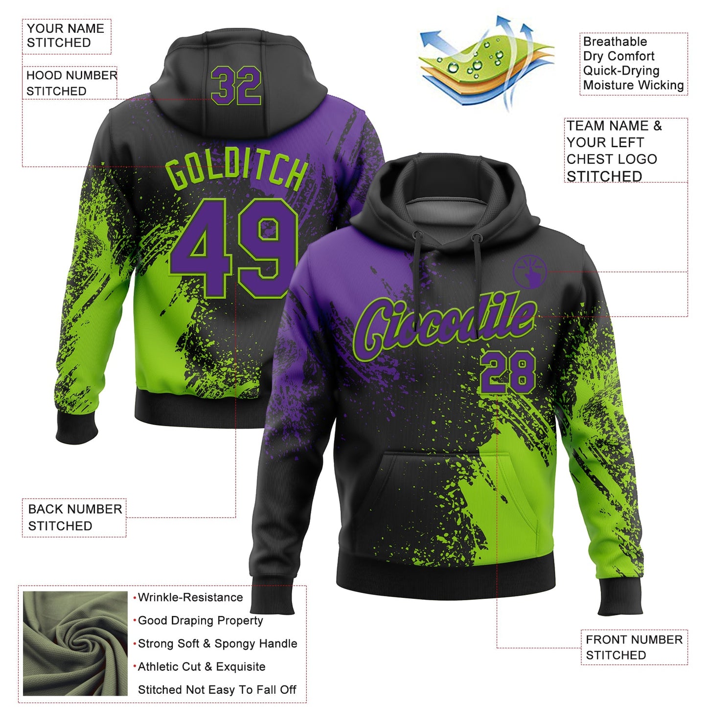 Custom Stitched Black Purple-Neon Green 3D Pattern Design Abstract Brush Stroke Sports Pullover Sweatshirt Hoodie view 2