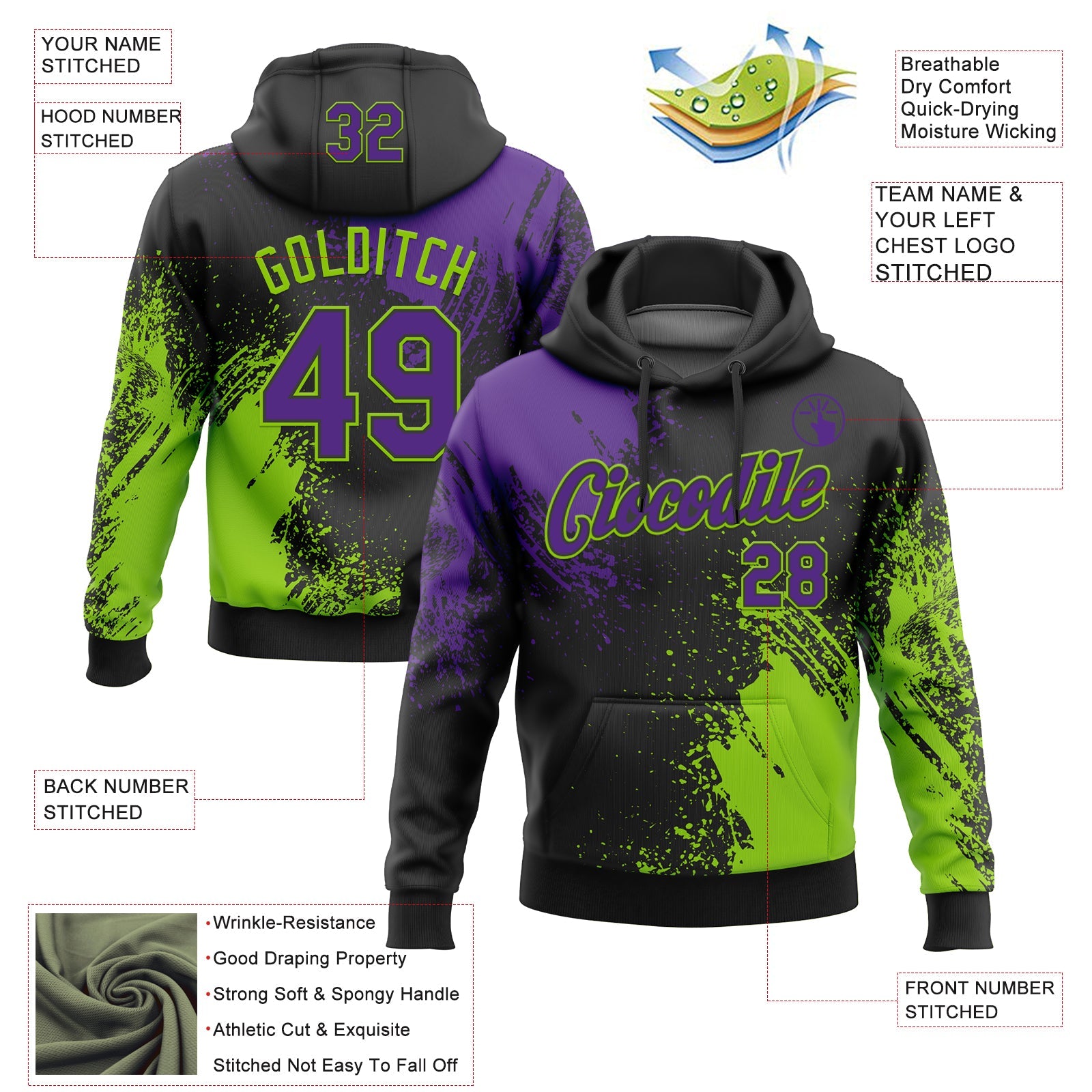 Custom Stitched Black Purple-Neon Green 3D Pattern Design Abstract Brush Stroke Sports Pullover Sweatshirt Hoodie view 2