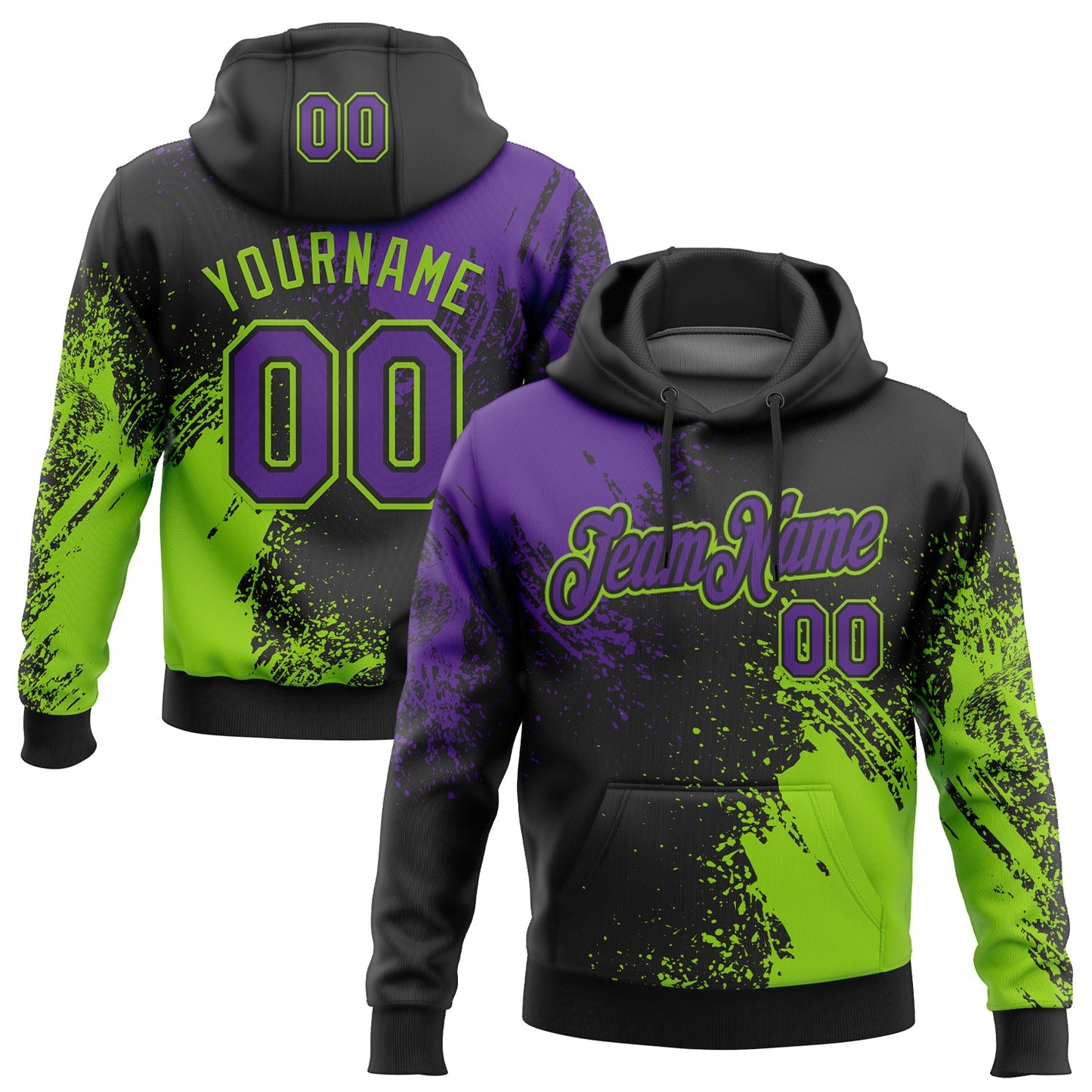 Custom Stitched Black Purple-Neon Green 3D Pattern Design Abstract Brush Stroke Sports Pullover Sweatshirt Hoodie - Main View