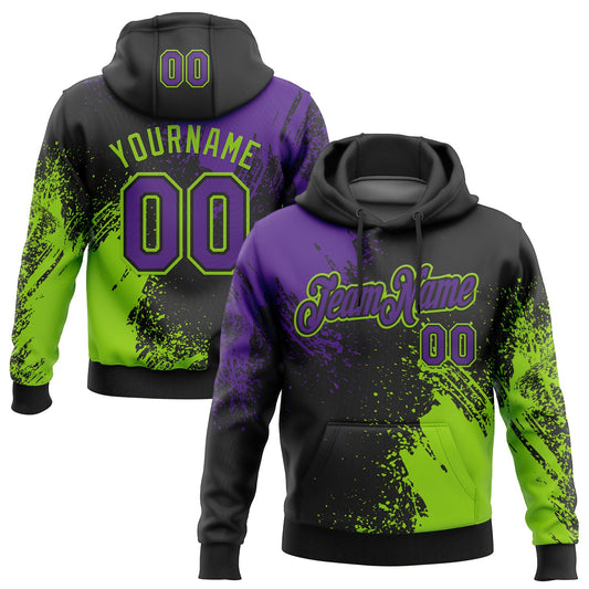 Custom Stitched Black Purple-Neon Green 3D Pattern Design Abstract Brush Stroke Sports Pullover Sweatshirt Hoodie - Main View