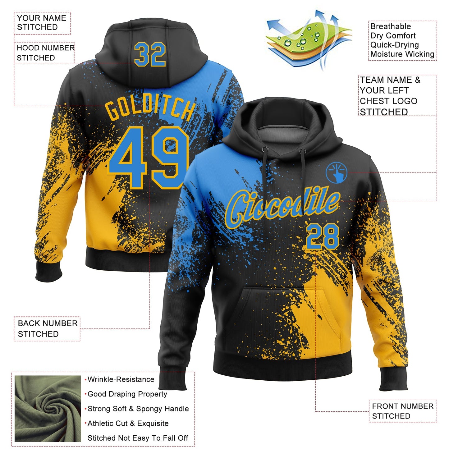 Custom Stitched Black Powder Blue-Gold 3D Pattern Design Abstract Brush Stroke Sports Pullover Sweatshirt Hoodie view 2