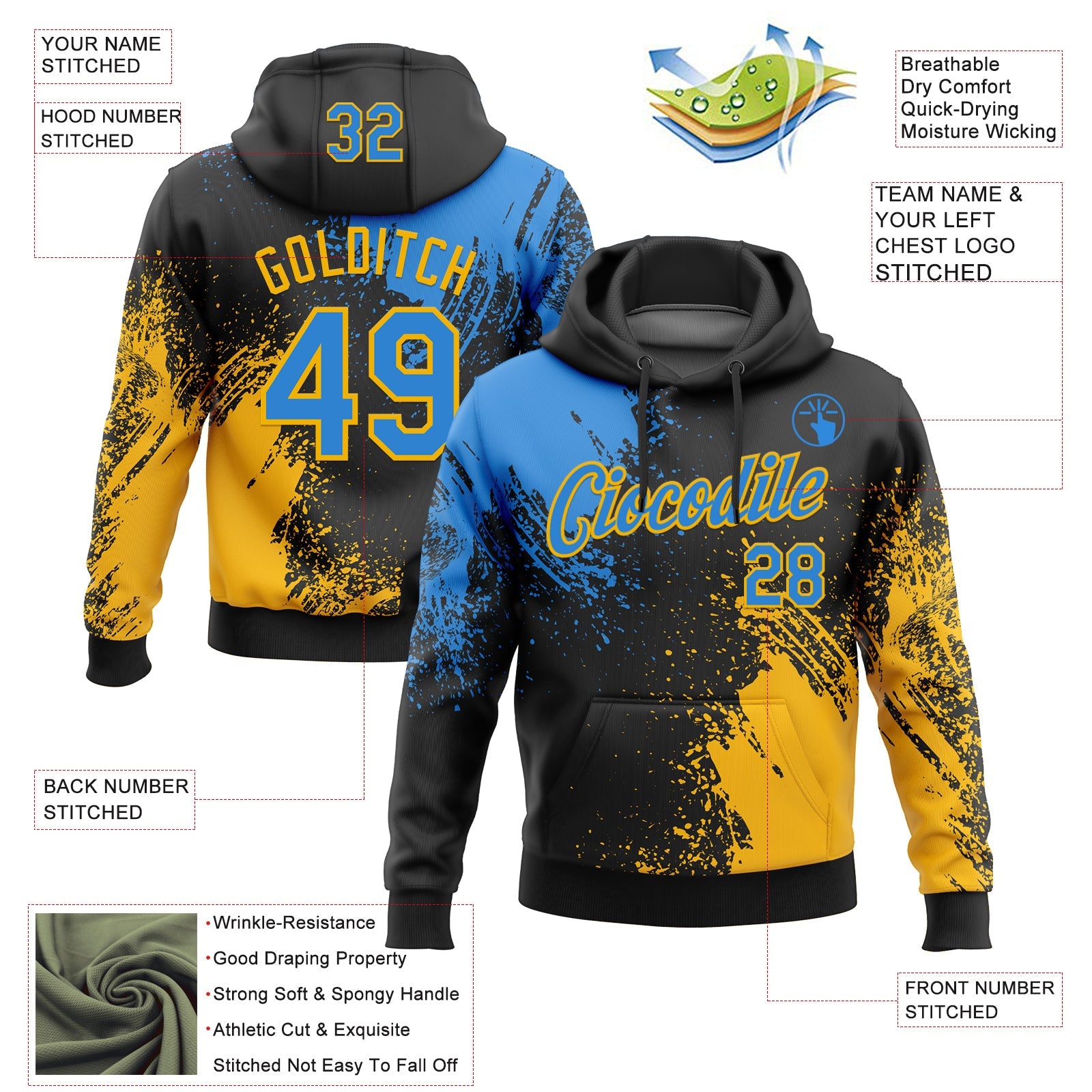 Custom Stitched Black Powder Blue-Gold 3D Pattern Design Abstract Brush Stroke Sports Pullover Sweatshirt Hoodie view 2