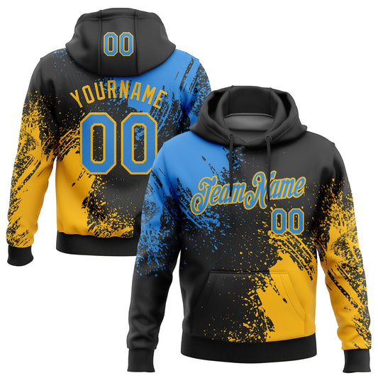 Custom Stitched Black Powder Blue-Gold 3D Pattern Design Abstract Brush Stroke Sports Pullover Sweatshirt Hoodie - Main View
