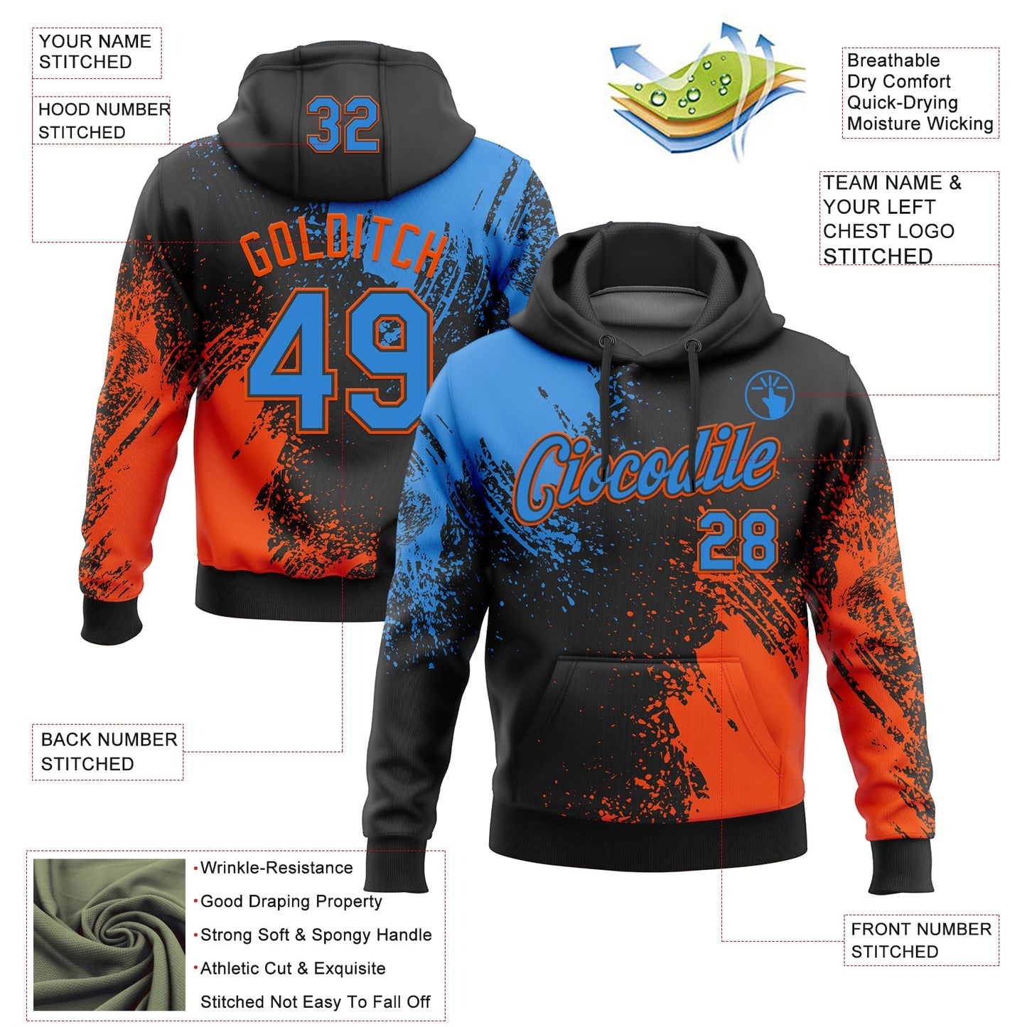 Custom Stitched Black Powder Blue-Orange 3D Pattern Design Abstract Brush Stroke Sports Pullover Sweatshirt Hoodie view 2