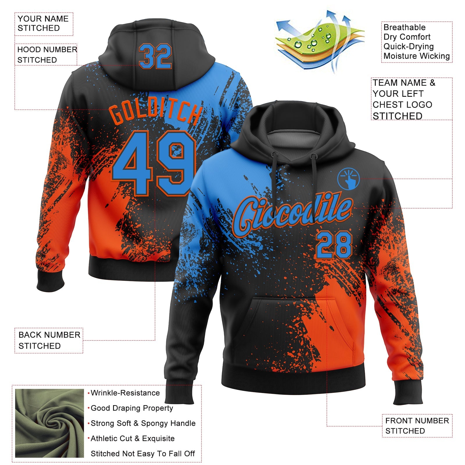 Custom Stitched Black Powder Blue-Orange 3D Pattern Design Abstract Brush Stroke Sports Pullover Sweatshirt Hoodie view 2