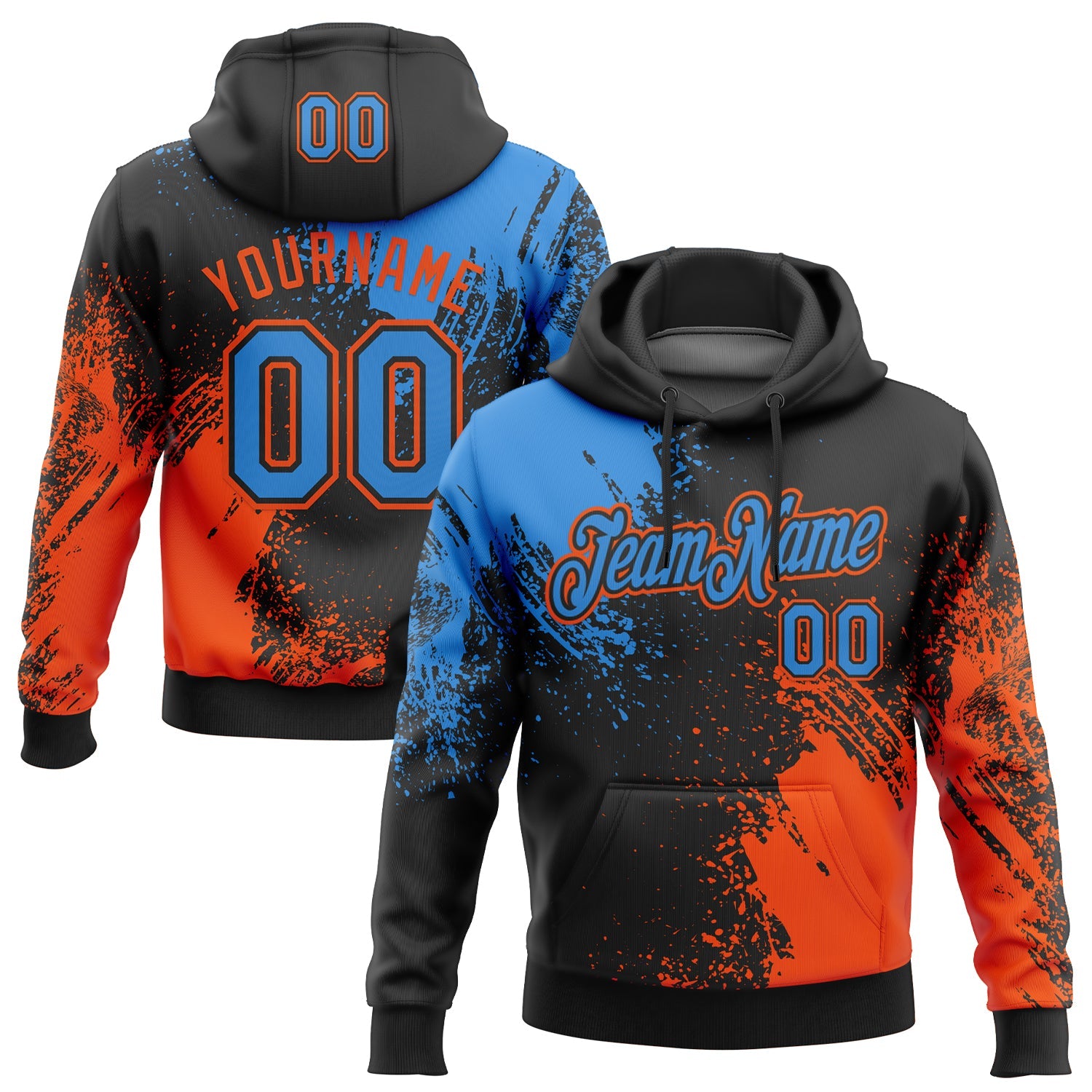 Custom Stitched Black Powder Blue-Orange 3D Pattern Design Abstract Brush Stroke Sports Pullover Sweatshirt Hoodie - Main View