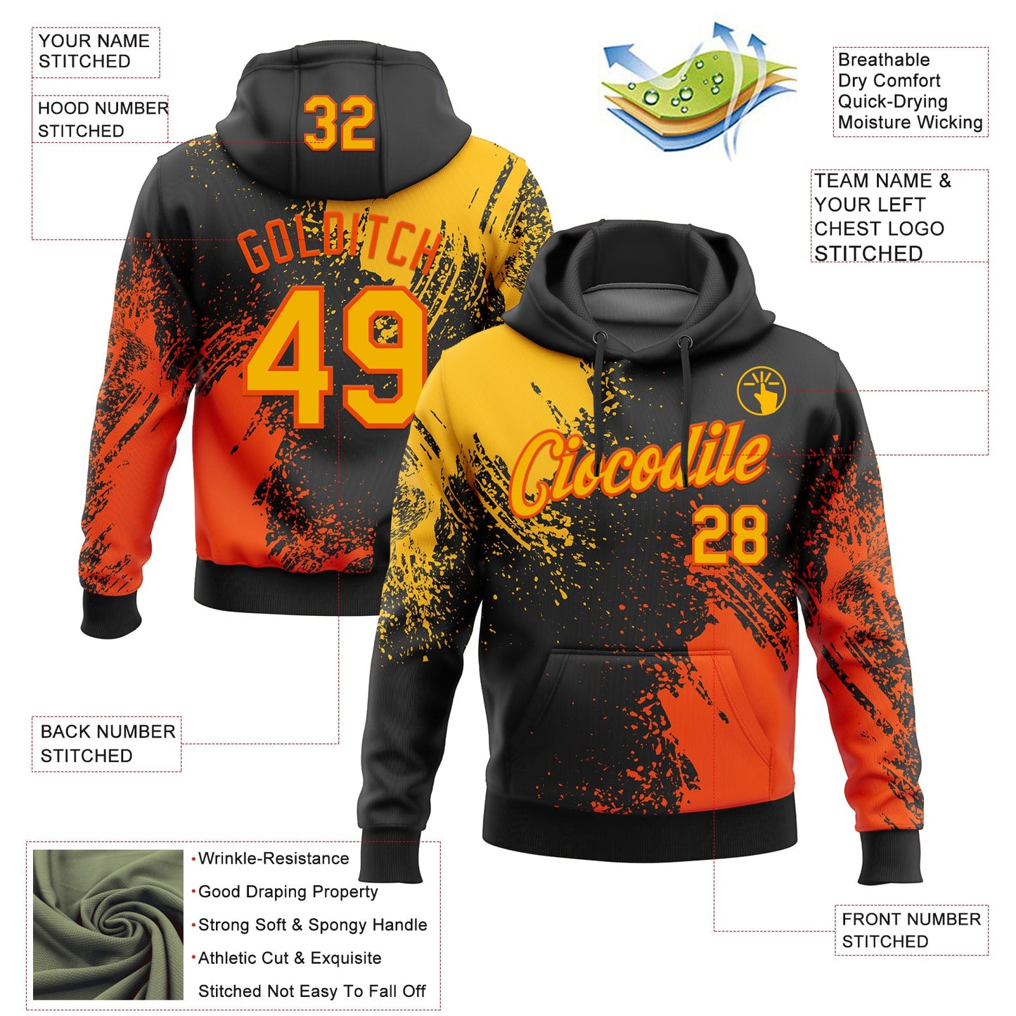 Custom Stitched Black Gold-Orange 3D Pattern Design Abstract Brush Stroke Sports Pullover Sweatshirt Hoodie view 2