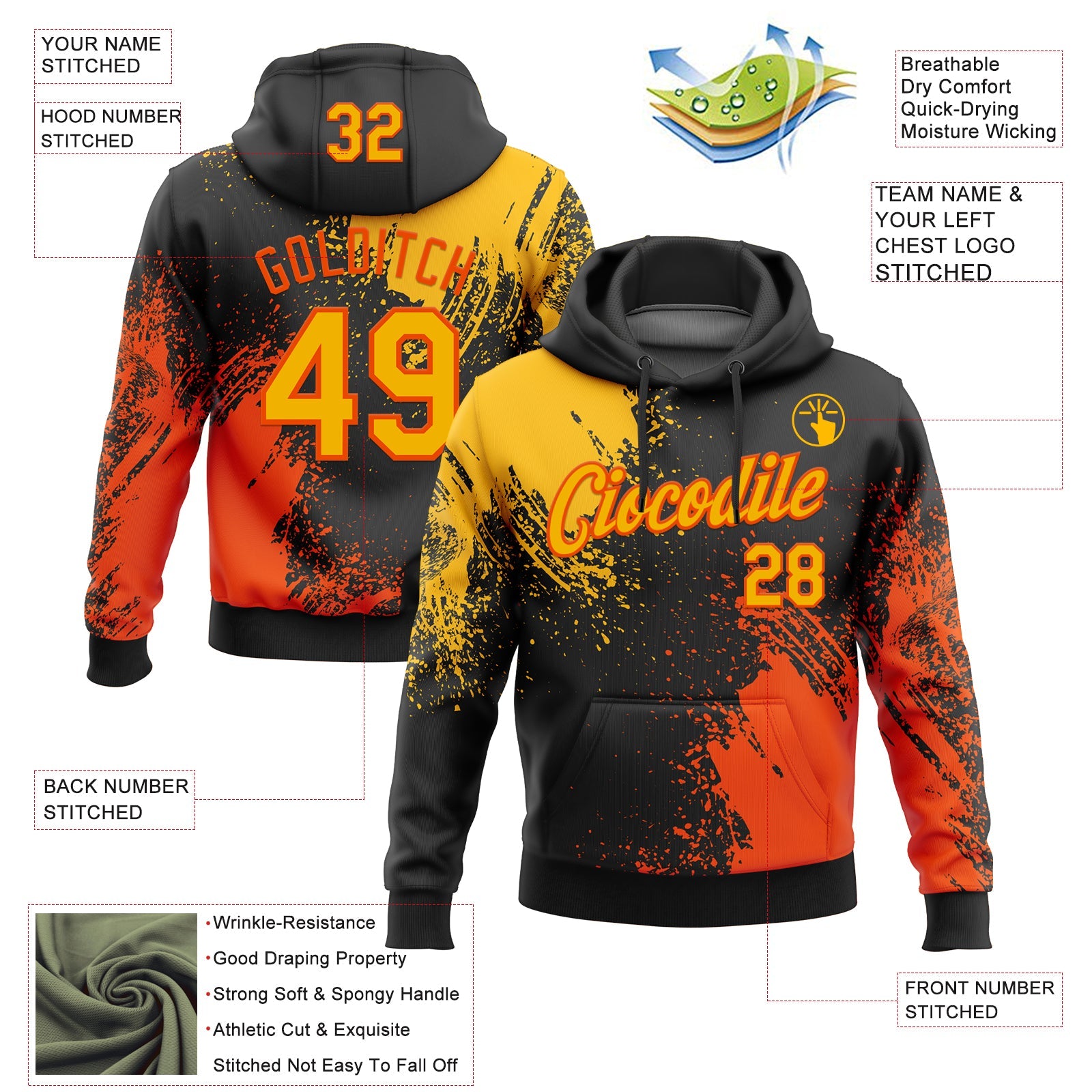 Custom Stitched Black Gold-Orange 3D Pattern Design Abstract Brush Stroke Sports Pullover Sweatshirt Hoodie view 2