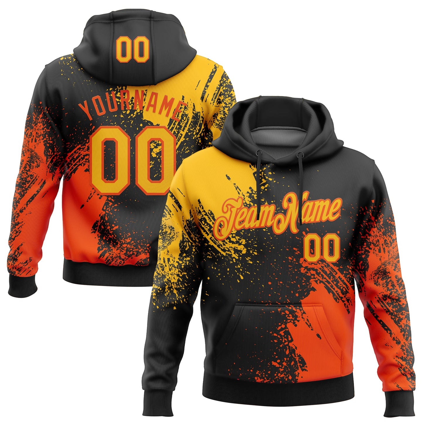Custom Stitched Black Gold-Orange 3D Pattern Design Abstract Brush Stroke Sports Pullover Sweatshirt Hoodie - Main View