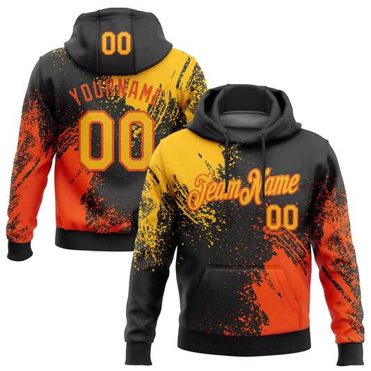 Custom Stitched Black Gold-Orange 3D Pattern Design Abstract Brush Stroke Sports Pullover Sweatshirt Hoodie - Main View