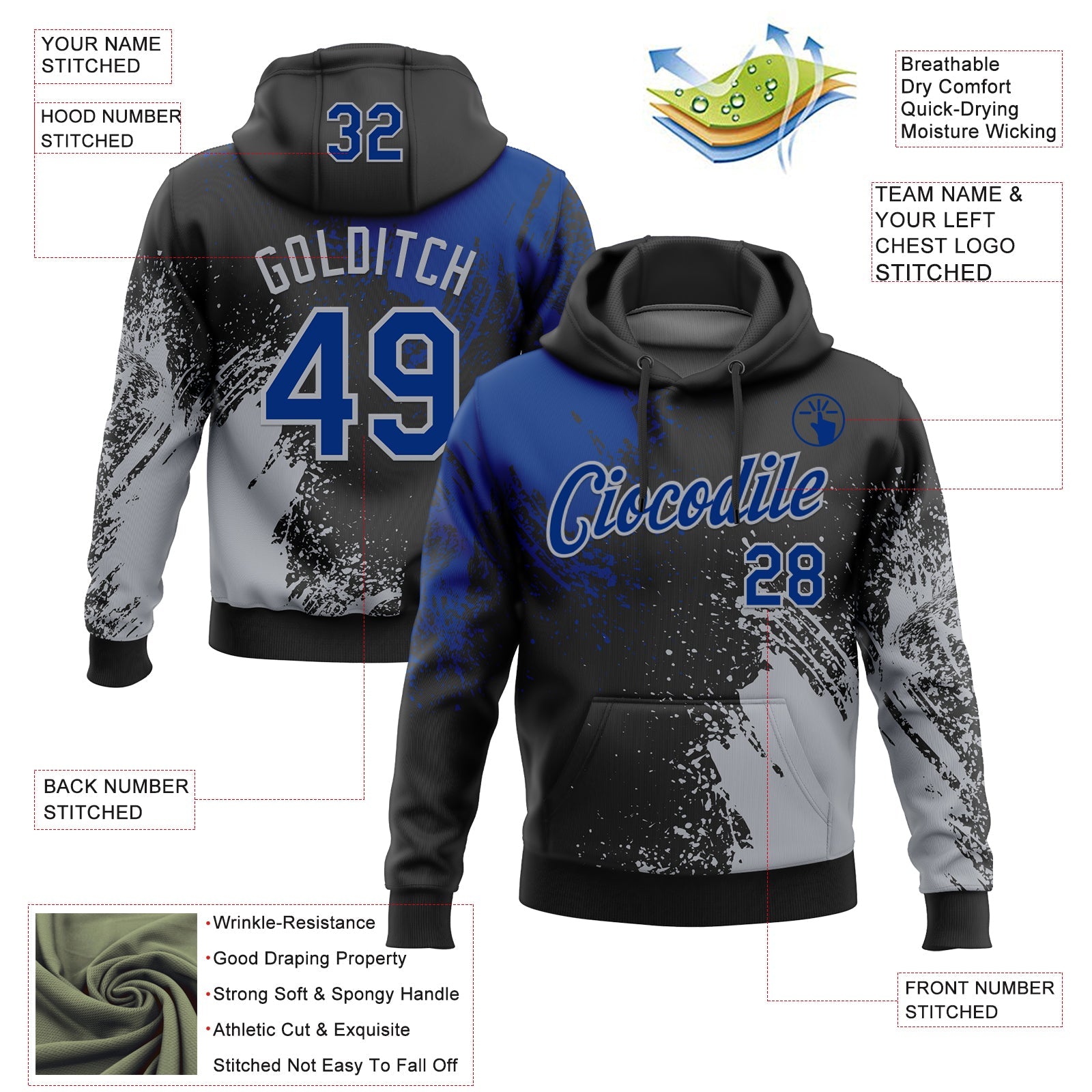 Custom Stitched Black Royal-Gray 3D Pattern Design Abstract Brush Stroke Sports Pullover Sweatshirt Hoodie view 2